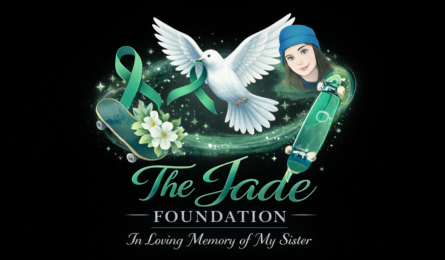 Graphic design for The Jade Foundation featuring a white dove holding a green awareness ribbon, a skateboard with white flowers, a young woman with a blue beanie, and sparkles in a green swirling aura, with text indicating it is in loving memory of a sister.