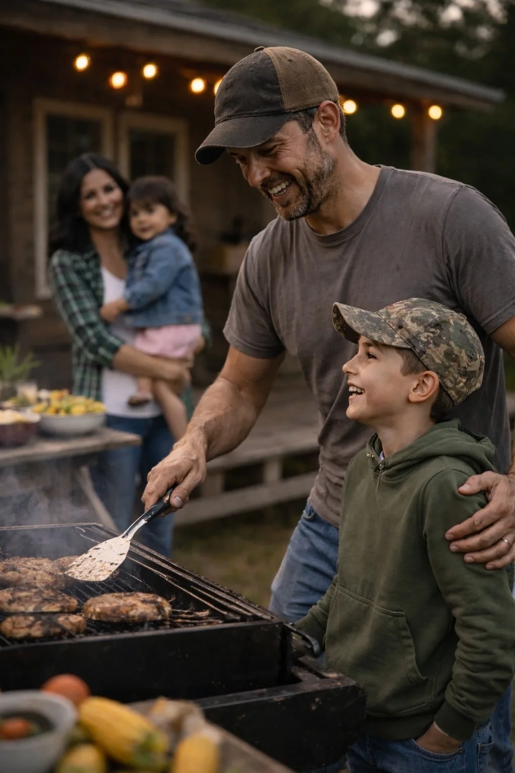 A man and a boy smiling and cooking on a grill while a woman and a girl watch and smile in the background during an outdoor gathering.
