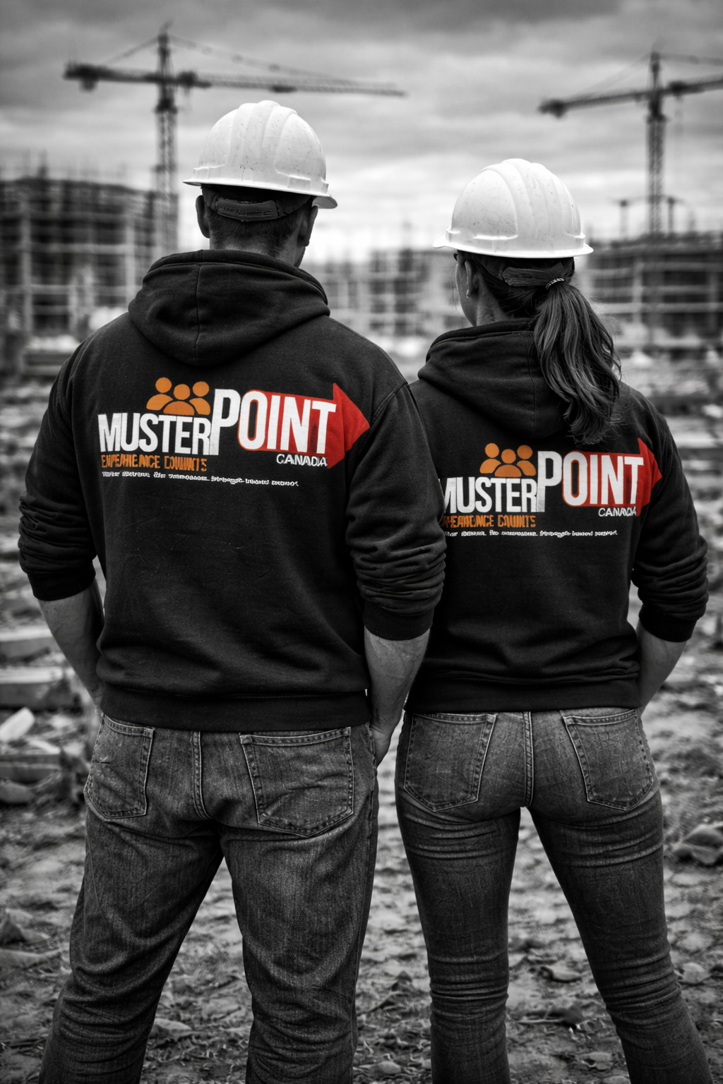 Two construction workers wearing hard hats and hoodies with 'MUSTER POINT' printed on their backs, standing on a construction site with cranes and building frames in the background.