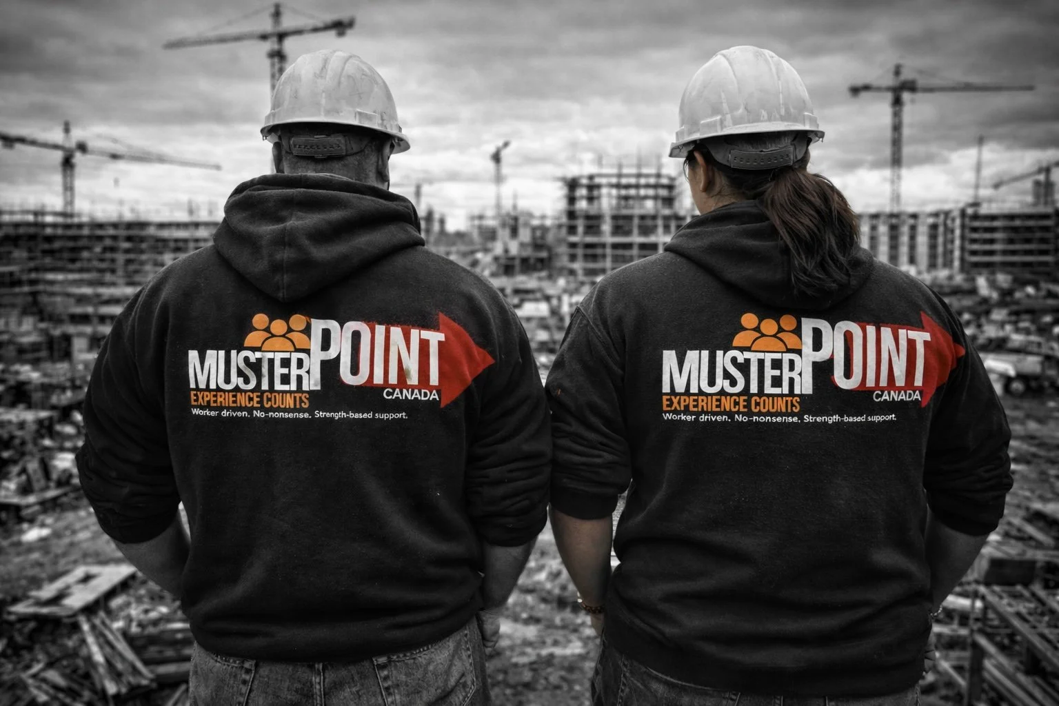 Two construction workers wearing hard hats and black hoodies with company logos, standing on a construction site with a cityscape and cranes in the background.