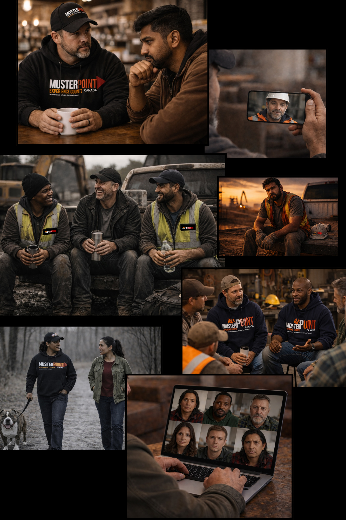 A collage of scenes showing diverse workers and professionals in various settings. Top left: Two men having a conversation over coffee inside a workshop or cafe. Top right: A person taking a selfie with a man in a white hard hat outdoors. Middle left: Four people sitting on a truck with dirt and machinery in the background, smiling and chatting. Middle right: A construction worker sitting on a truck at sunset. Bottom left: Two women walking with a dog in a forest. Bottom right: A person working on a laptop video conferencing with six diverse people.