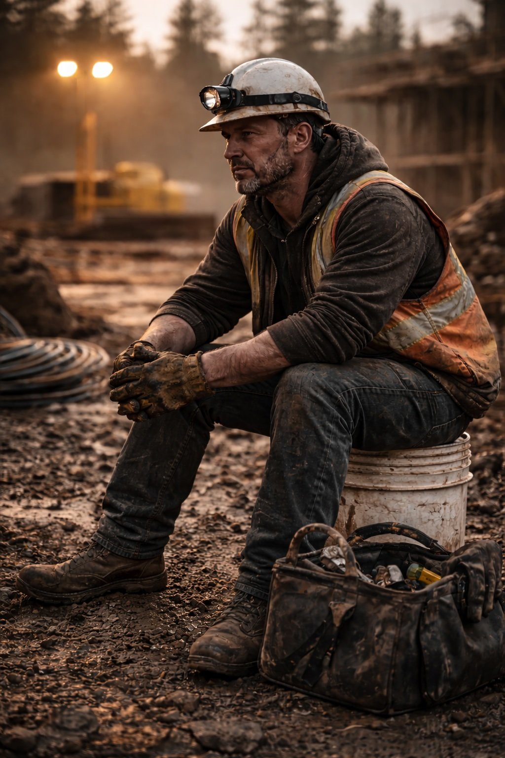 A tired construction worker sits on a bucket with dirt and grime on his clothes, wearing a safety helmet with a headlamp, gloves, and work boots, with construction materials and equipment scattered around in a dirt site during sunset.