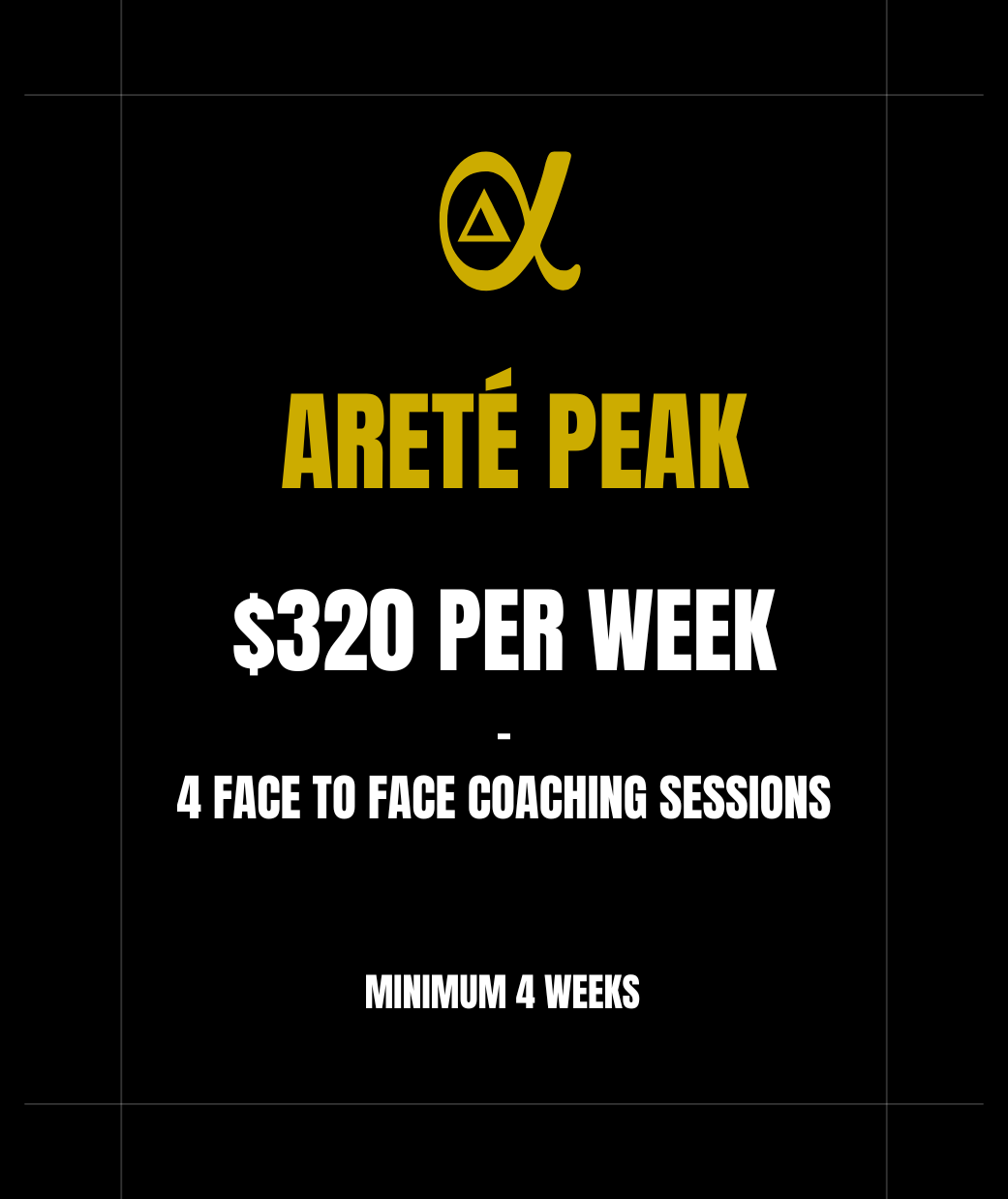 Advertisement for Arete Peak coaching sessions, offering four face-to-face coaching sessions for $320 per week, with a minimum commitment of four weeks.