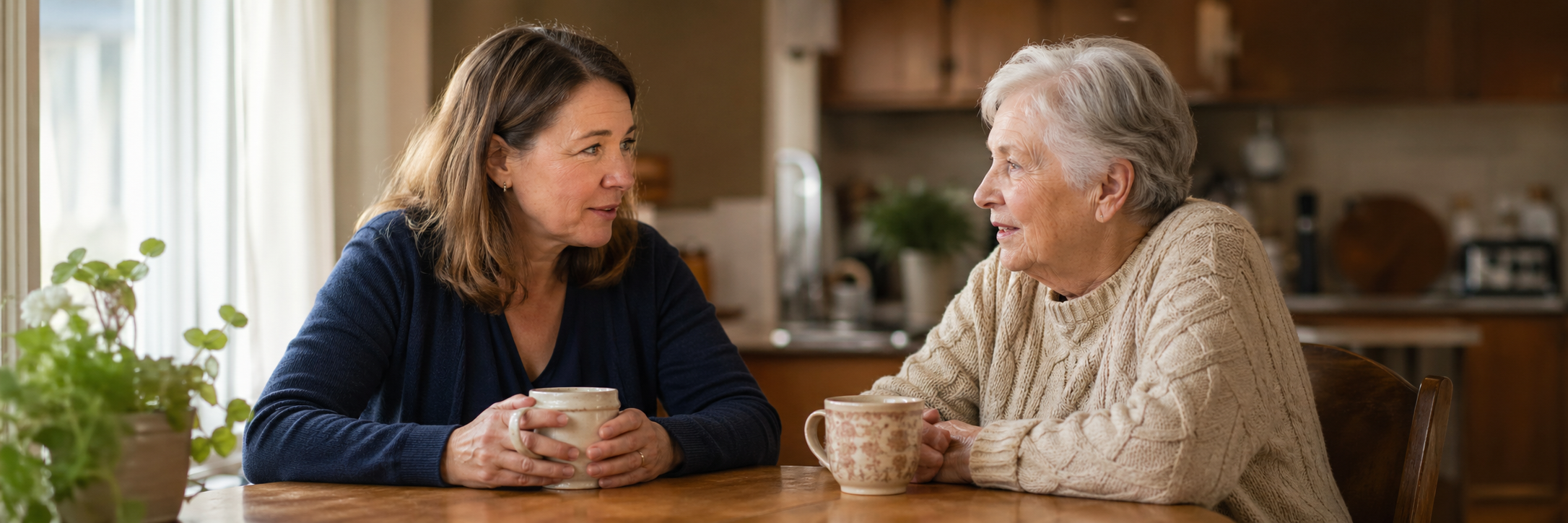 Two women, an older woman and a middle-aged woman, sitting at a wooden table in a kitchen, engaged in conversation while holding mugs.