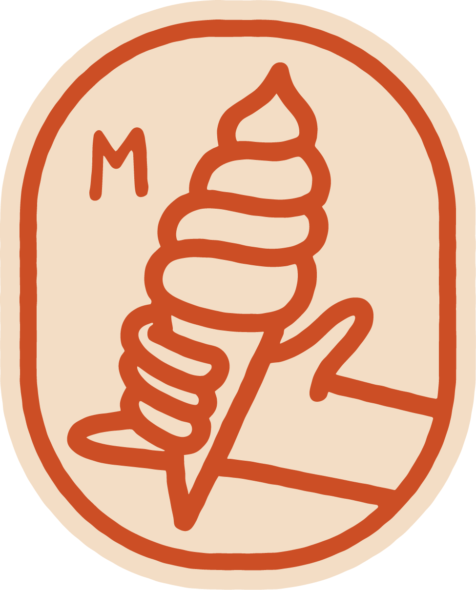 A simplified line drawing of a cone with a swirl pattern inside, with the letter 'M' to the left of the cone on a circular background.