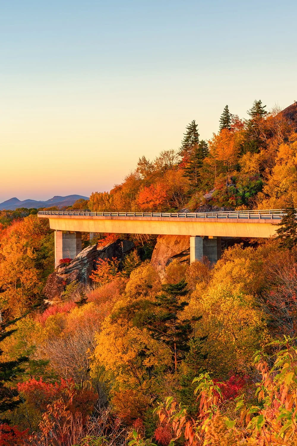 Linn Cove Viaduct in Western North Carolina during autumn with colorful foliage, illuminated by the rising sun under a cloudless sky with warm orange light.