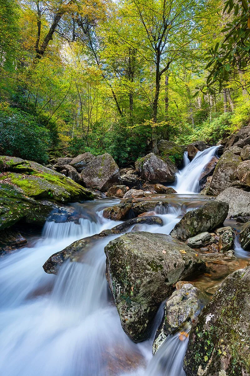 Skinny Dip Falls in Western North Carolina with rocks and flowing water in the foreground, a small cascade over rock in the midground, and forest with green and light yellow foliage and a hint of blue sky visible through the treetops in the backgroun