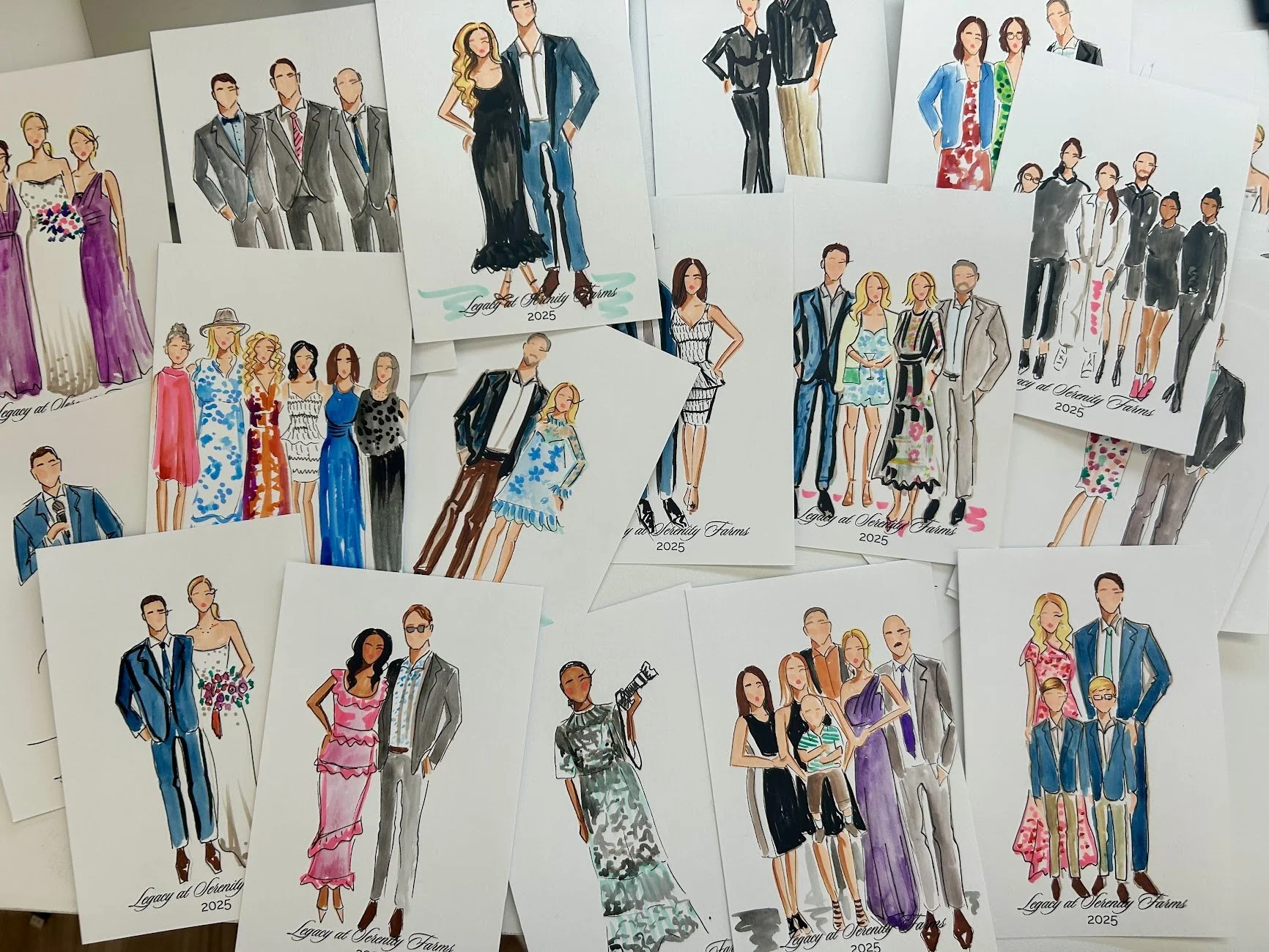 Watercolor guest portraits created live at Alabama wedding reception as wedding favor for guests