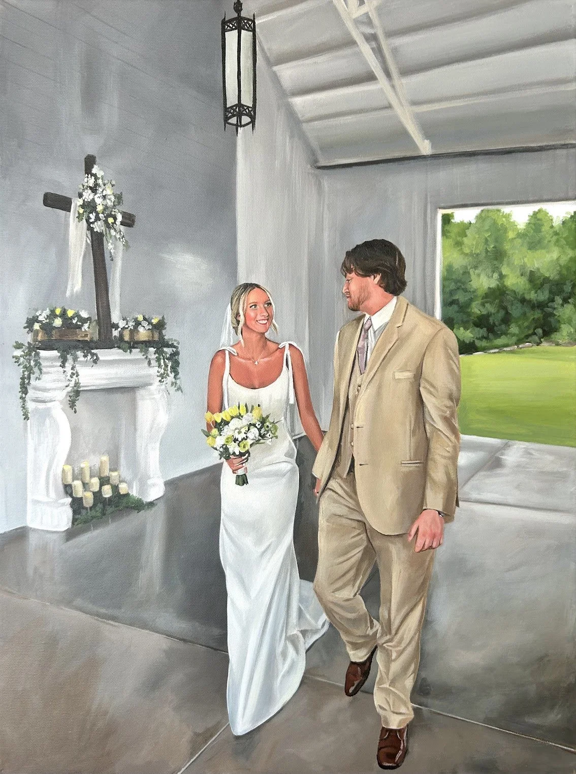 Finished live wedding ceremony painting of bride and groom
