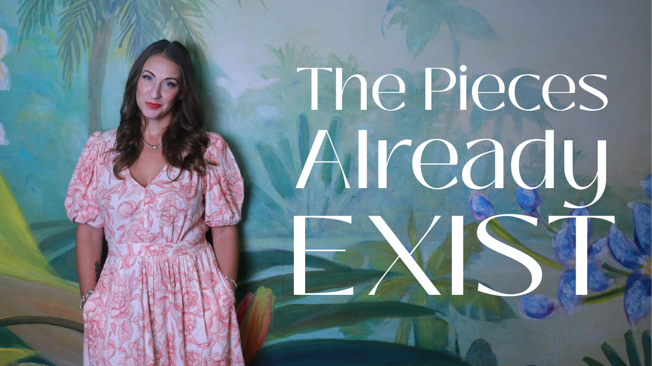 Emily Ulibarri stands with her hands in the pockets of a pink and white floral dress against a jungle mural. White text on the right reads: The Pieces Already Exist