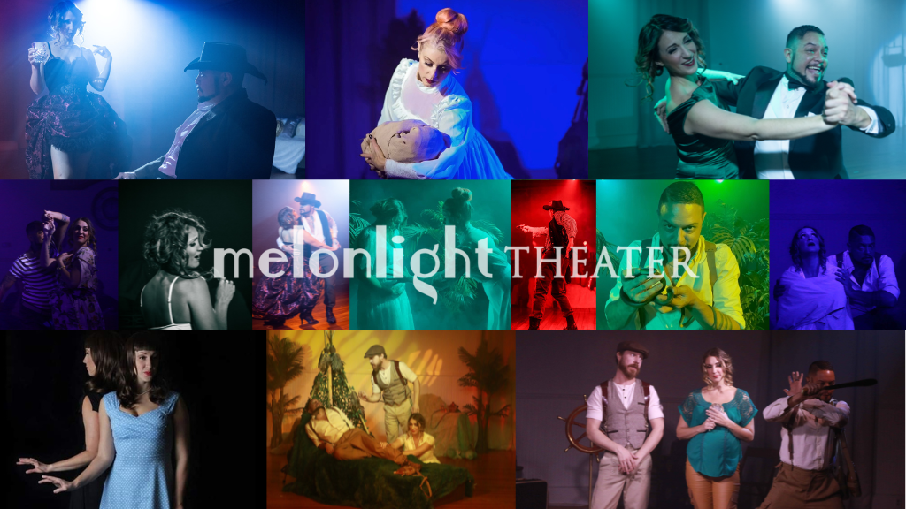 "The Melonlight Theater" is displayed in transparent text over various images of performances at the Melonlight Theater in Eureka Springs, including I Haunt You, Silence In The Jungle, and Experience ANNA: 1940s.