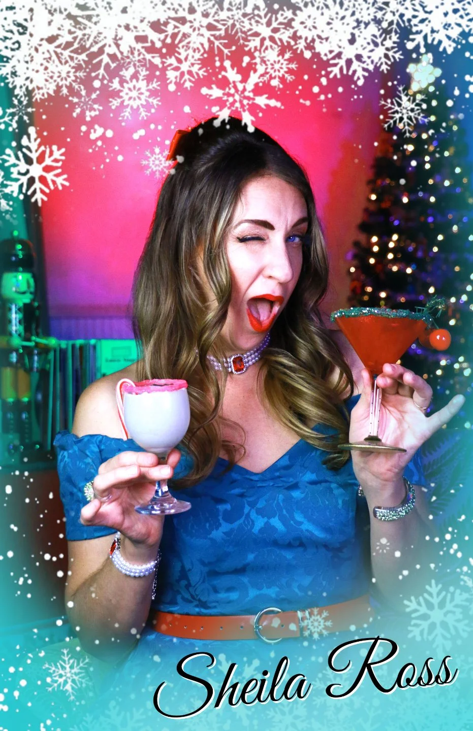Actor winking with a cocktail in a festive holiday costume in Christmas With the Rosses, an immersive theater show in Eureka Springs, Northwest Arkansas, near Fayetteville, Bentonville, Rogers, and Springdale.