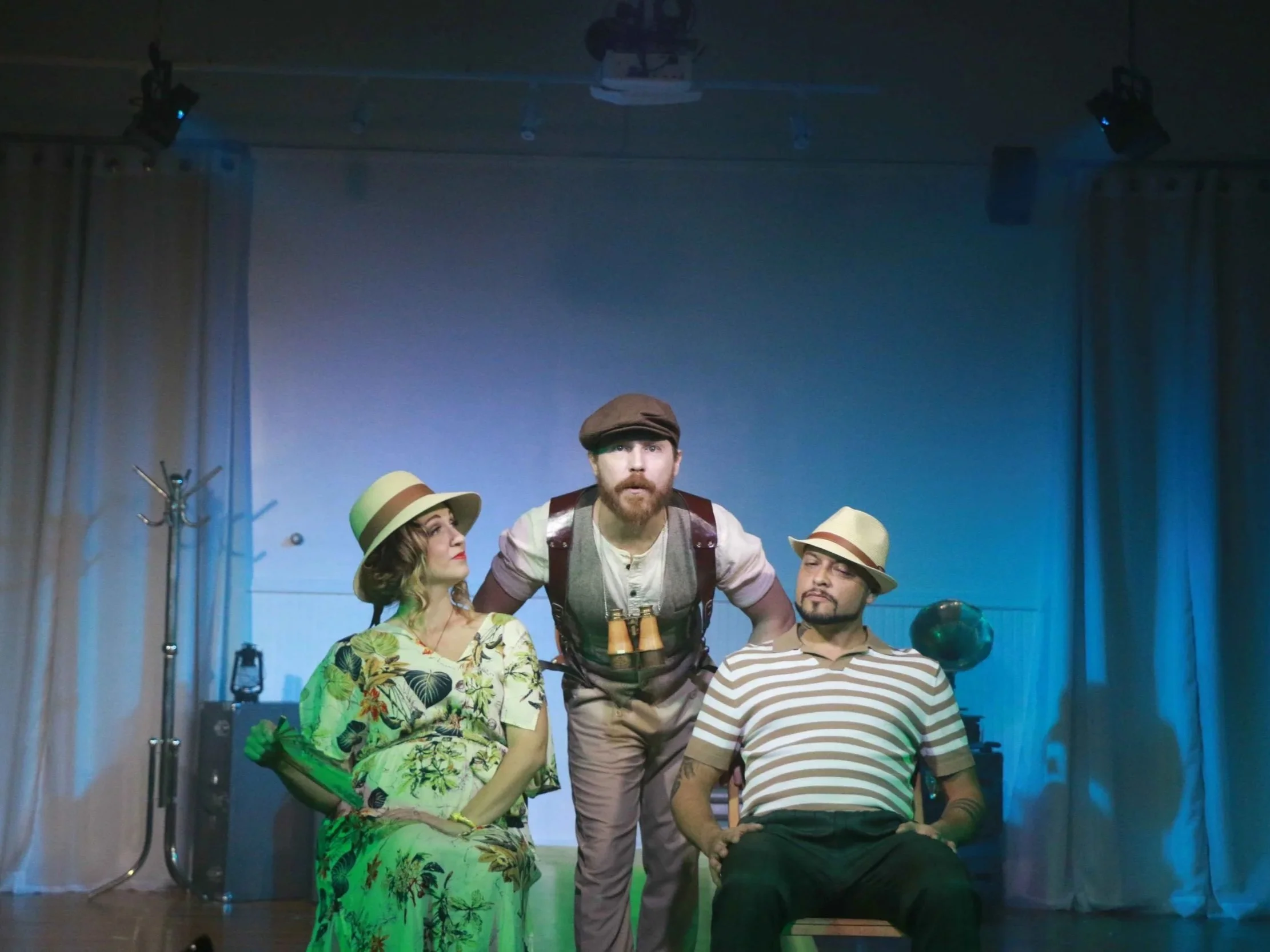 Actors on a riverboat adventure in Silence In the Jungle, an immersive theater show in Eureka Springs Arkansas, near Fayetteville, Bentonville, Rogers, and Springdale.