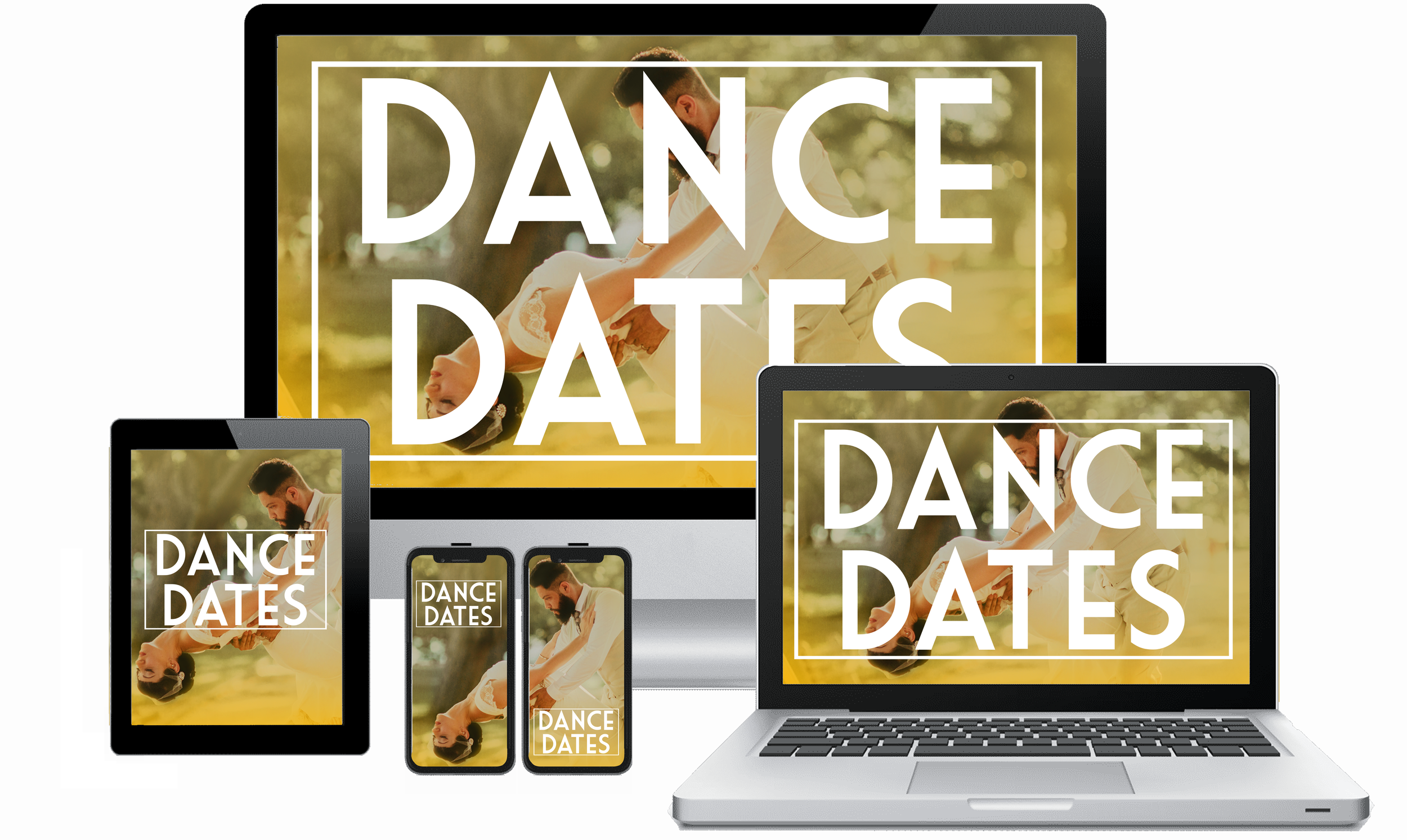 Stock images of a monitor, laptop, tablet, and two phones displaying a logo for Dance Dates.