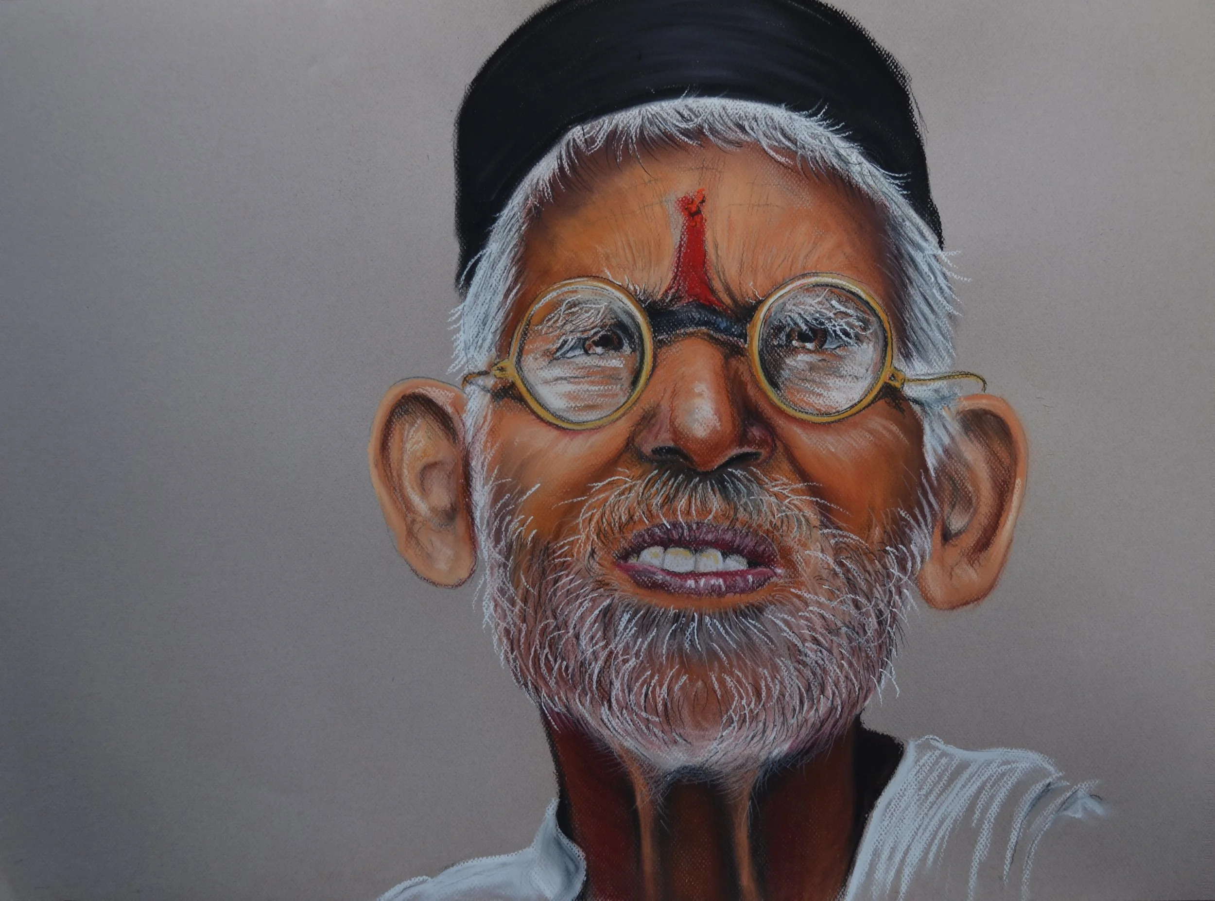 Colorful portrait of an elderly man with glasses, gray hair, a beard, and wearing a black cap, against a plain background.