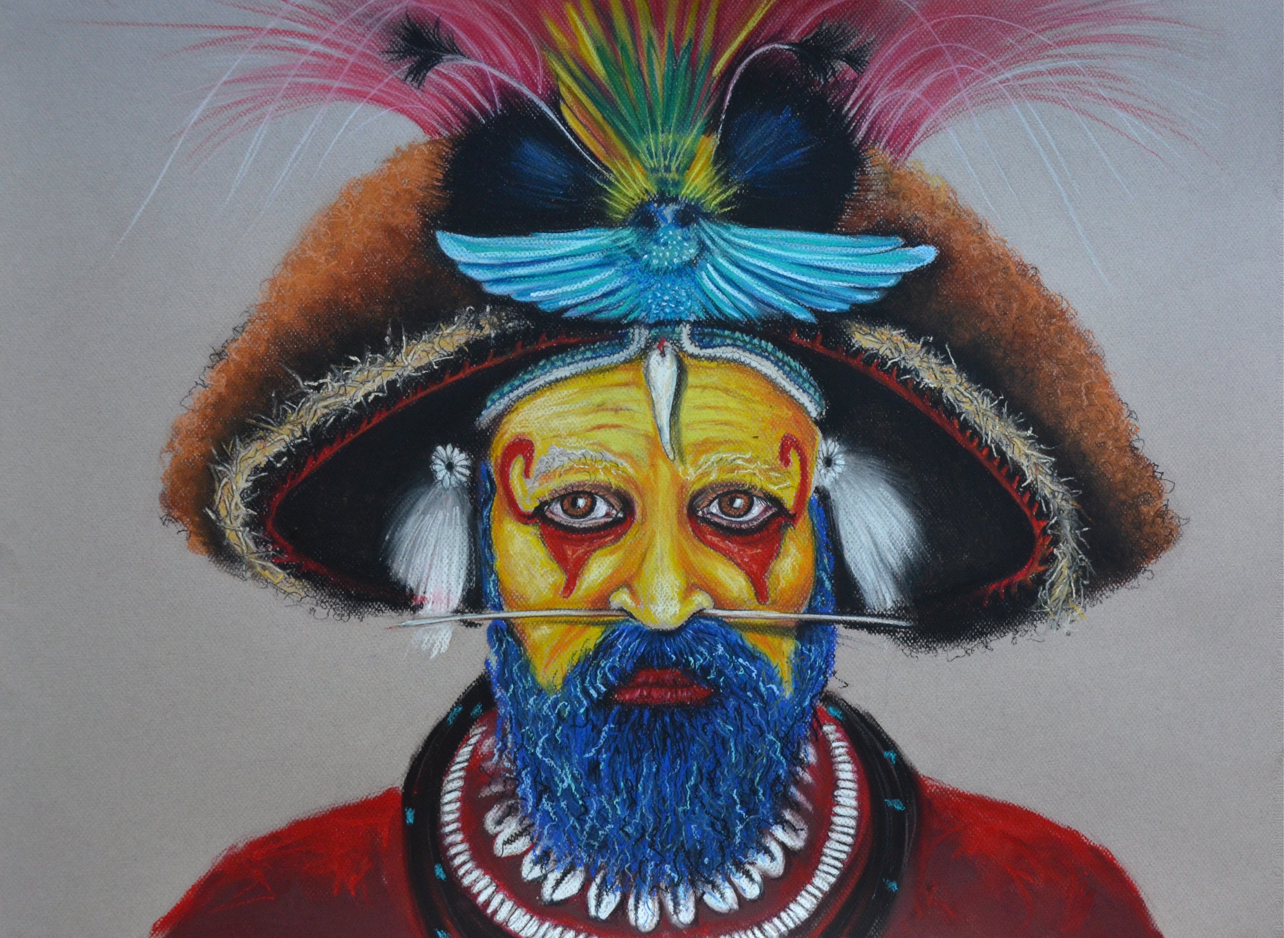 A colorful portrait of a person with a painted face, blue beard, and traditional attire, wearing a headdress decorated with feathers, a bird, and a large butterfly.