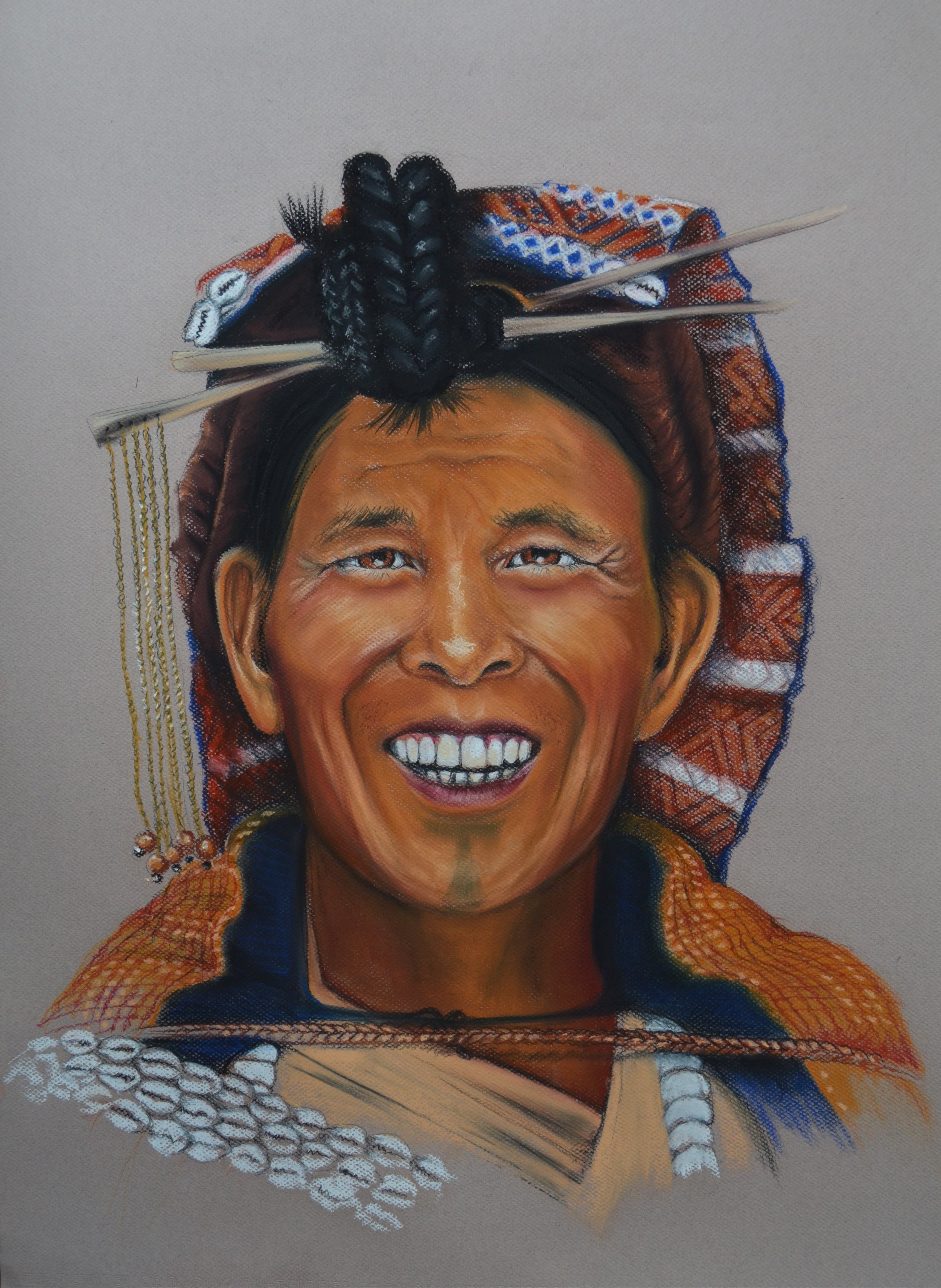 Painting of a smiling person wearing traditional Indonesian attire, including a headdress with a black braided bun, and decorative accessories.