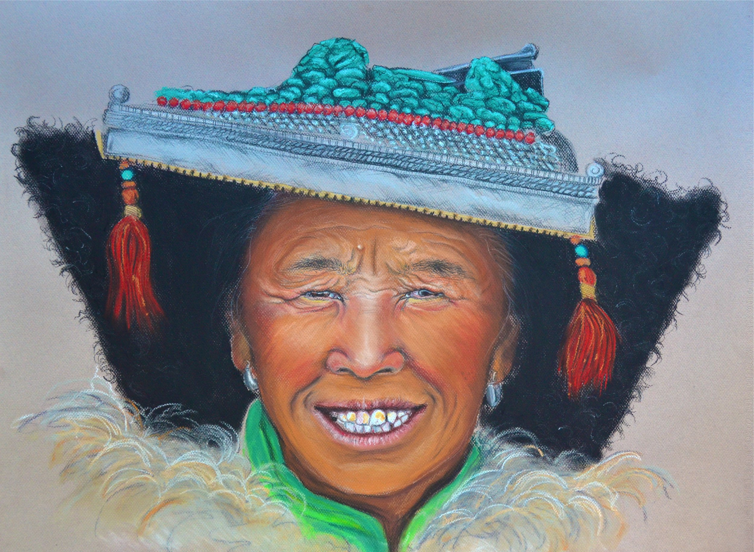 A colorful digital illustration of a woman with dark curly hair, wearing a large hat decorated with a train, and a green collar, smiling with gold teeth.