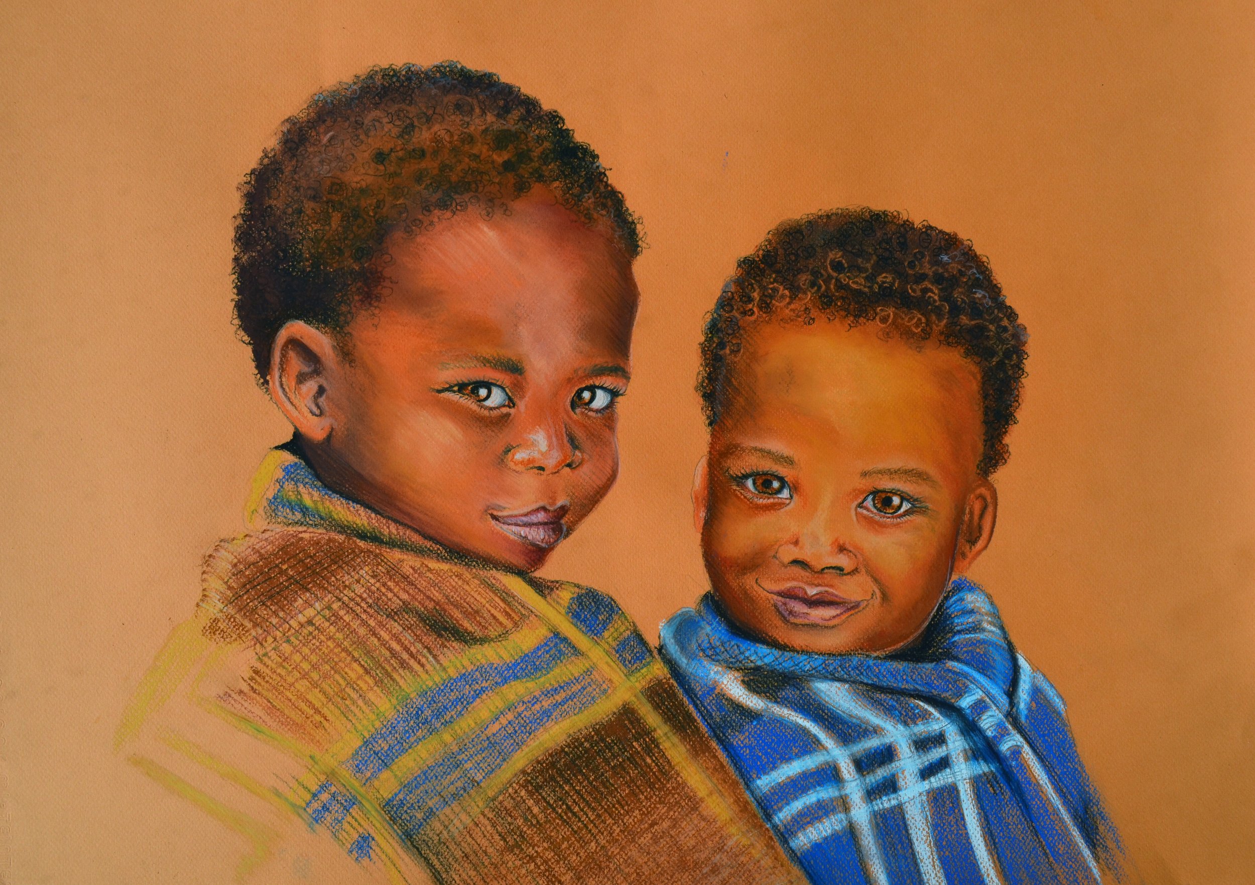 Painting of two young children with dark curly hair and brown skin, wrapped in colorful blankets, against a warm orange background.