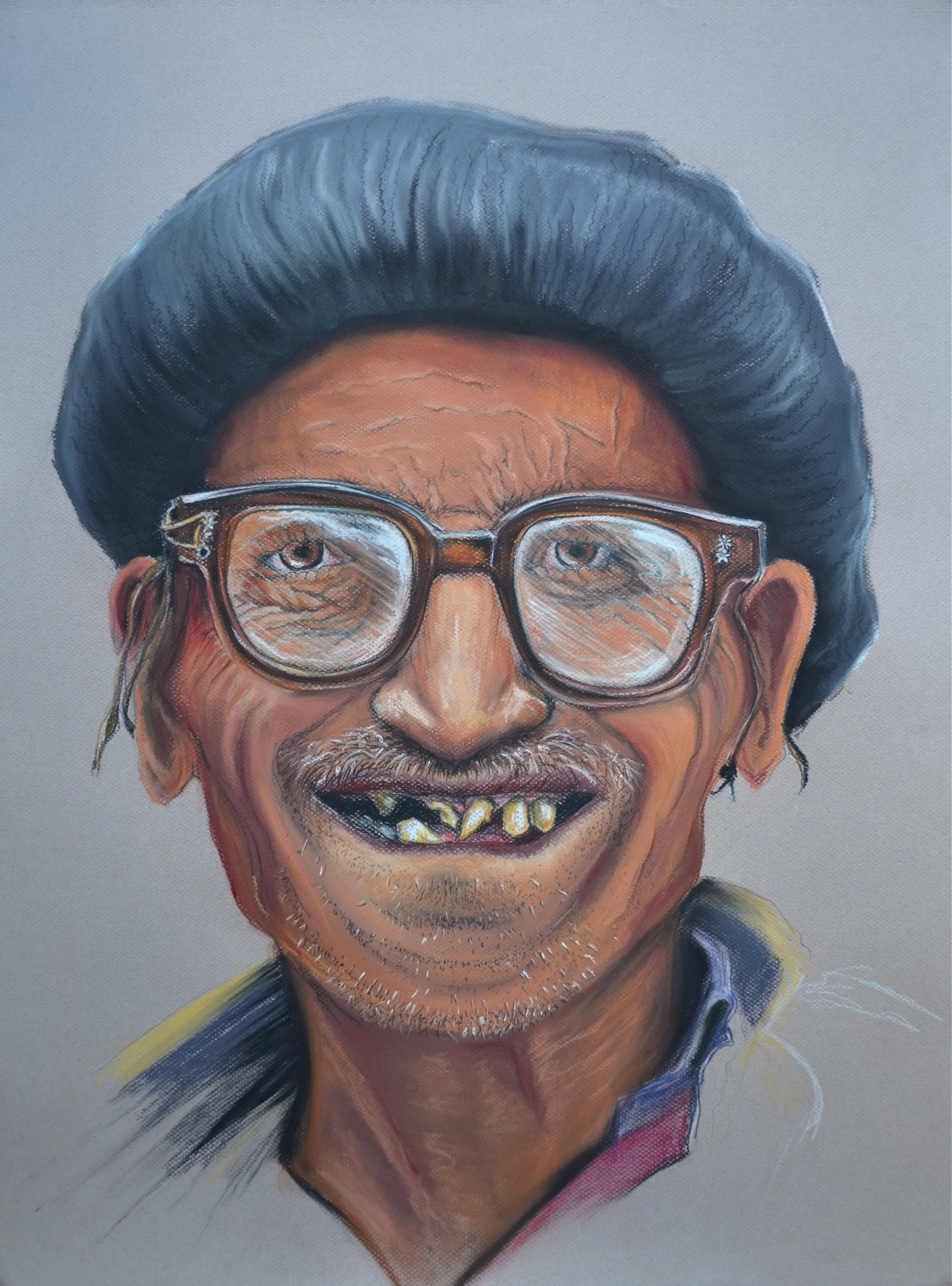 A painted portrait of a smiling man with gray facial hair, large glasses, missing upper teeth, and wearing a blue hat.