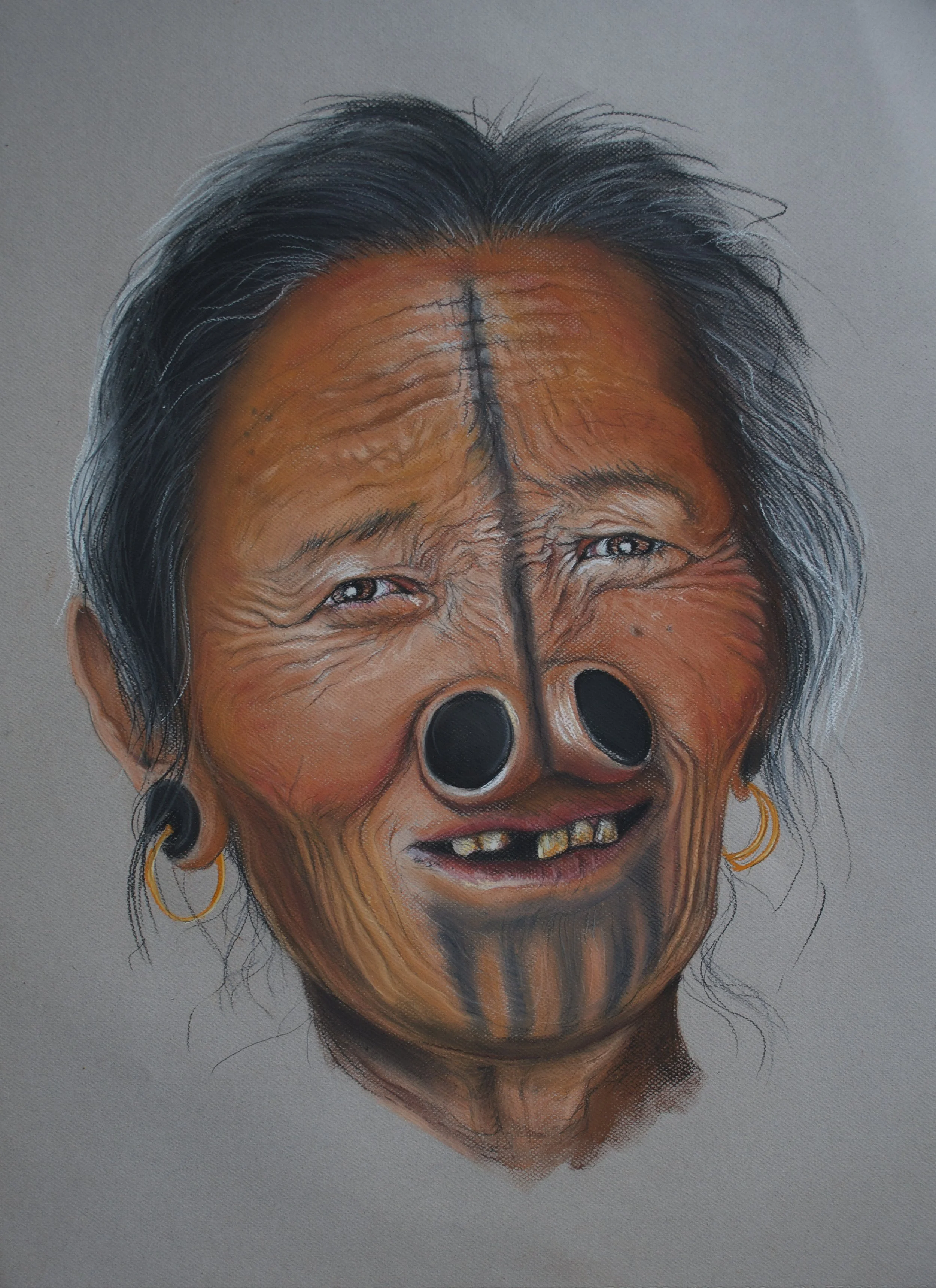 Painting of an elderly woman with primitive facial features, dark hair with gray streaks, wearing gold hoop earrings. Her face has deep wrinkles and black marks, with exaggerated facial features including bulging nostrils and a wide, crooked smile.