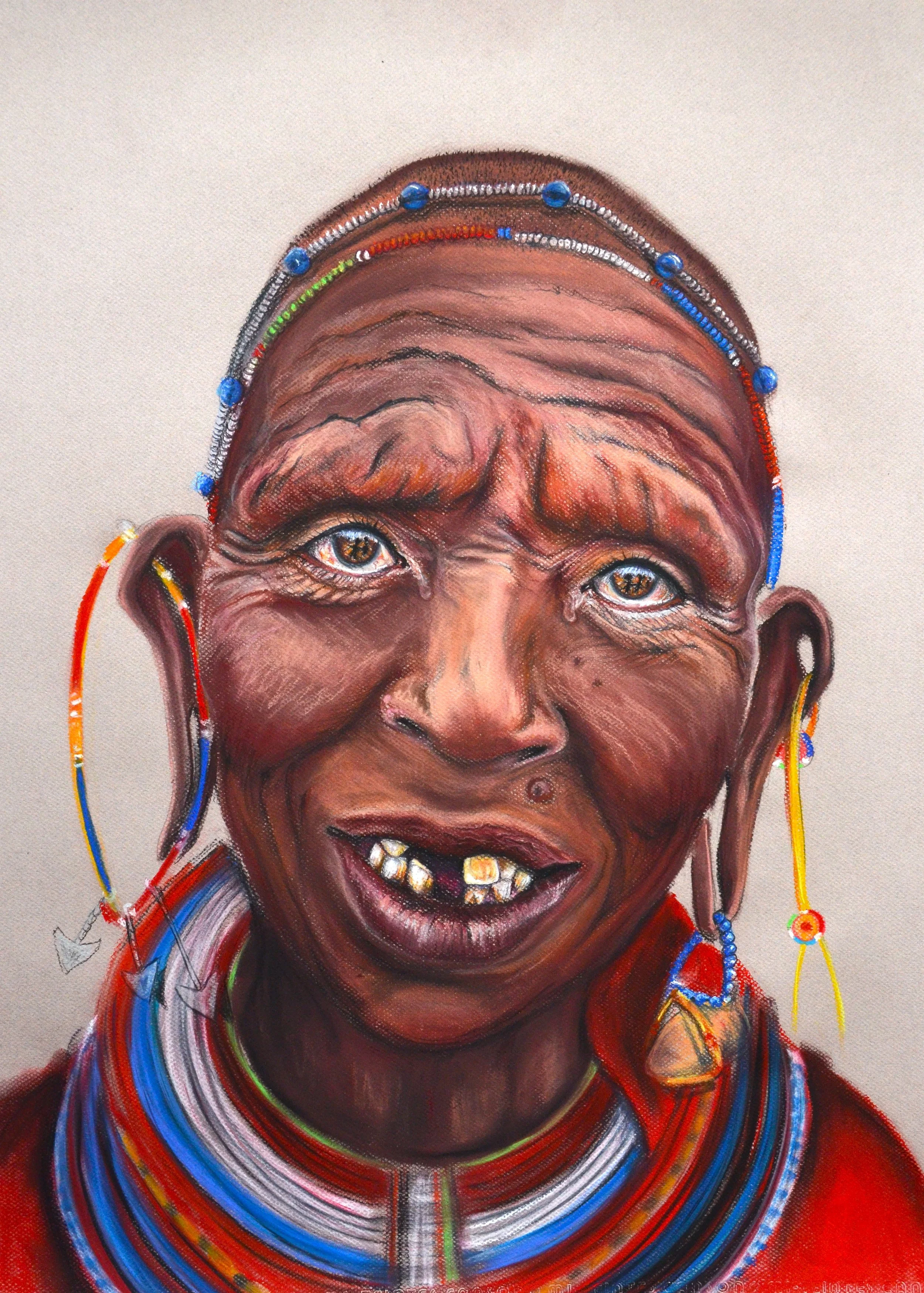A colorful portrait painting of an elderly woman with traditional jewelry and a smiling expression.