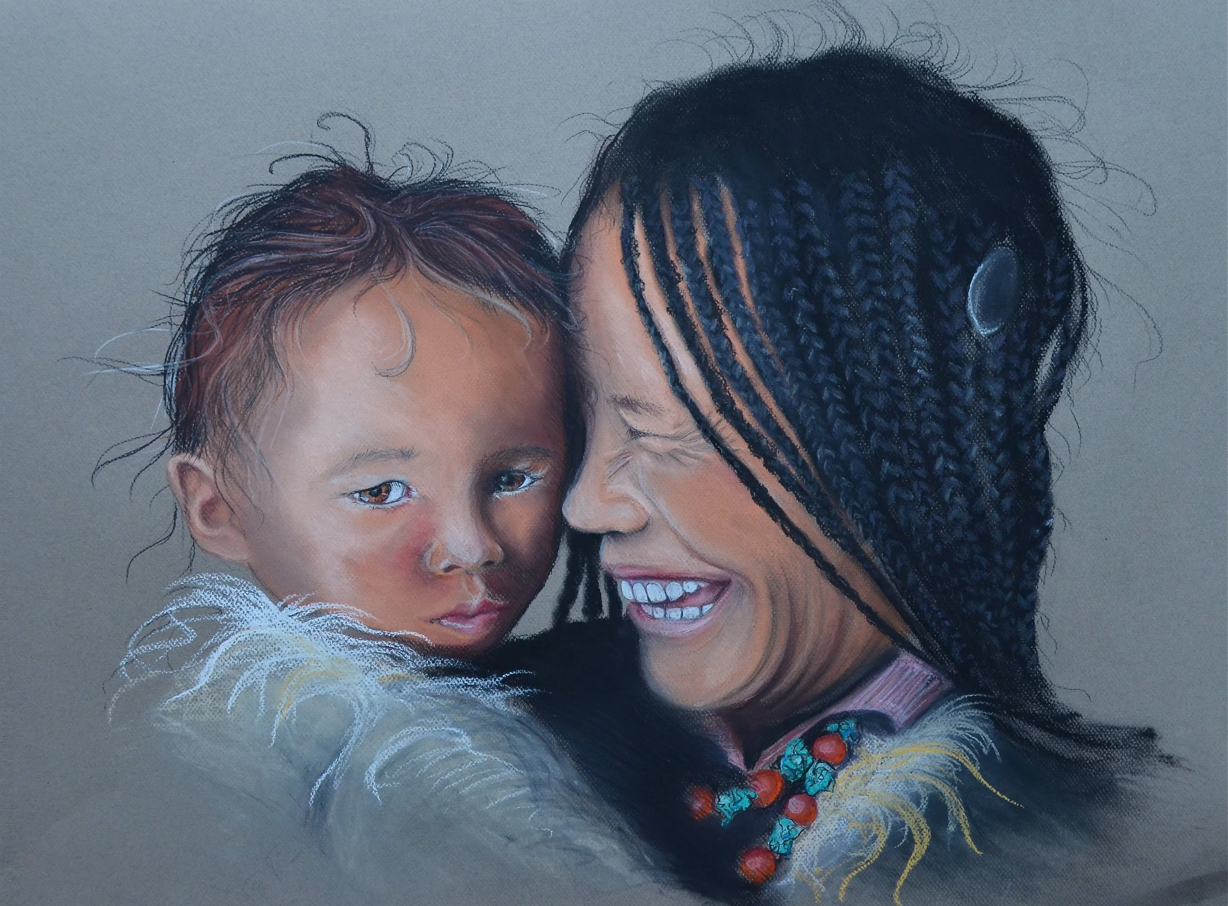 A painting of a woman with dark braided hair smiling and hugging a child with short, wavy hair, wearing a white feathery garment, against a neutral background.
