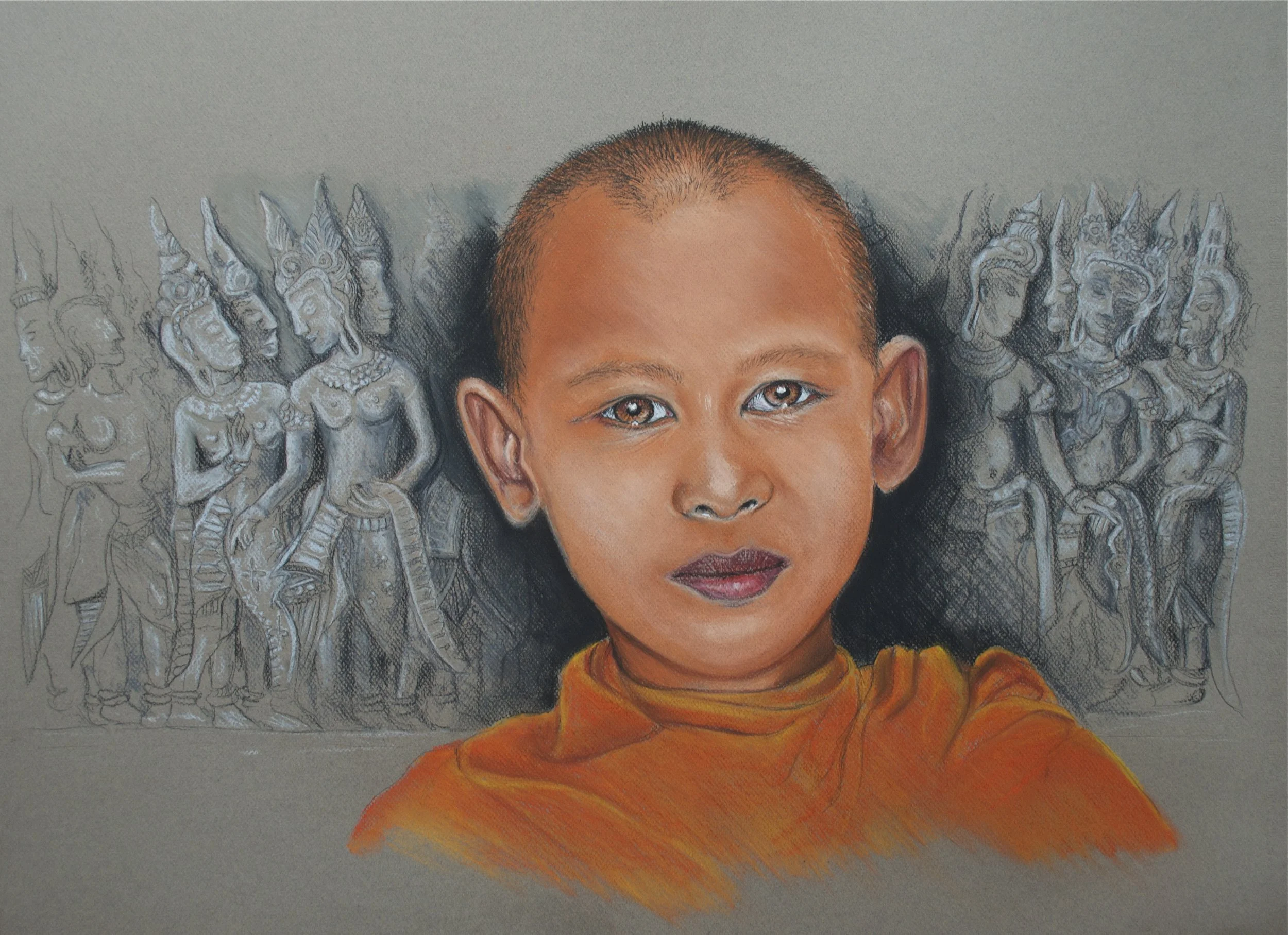 A realistic portrait of a young boy with brown eyes and a shaved head wearing an orange shirt, set against a sketch of traditional Asian dancers in the background.