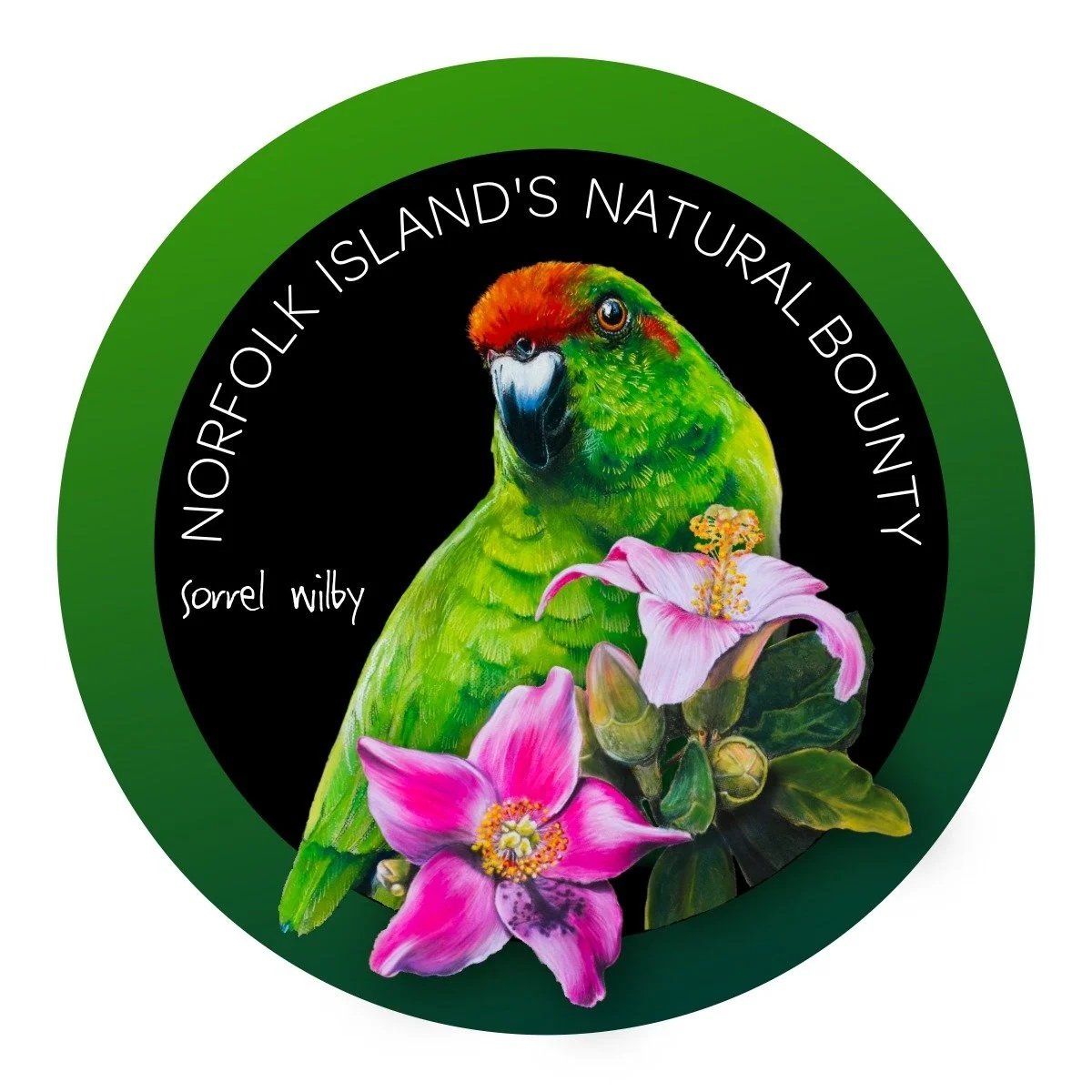 A circular logo for Norfolk Island's Natural Beauty featuring a colorful parrot with pink flowers.
