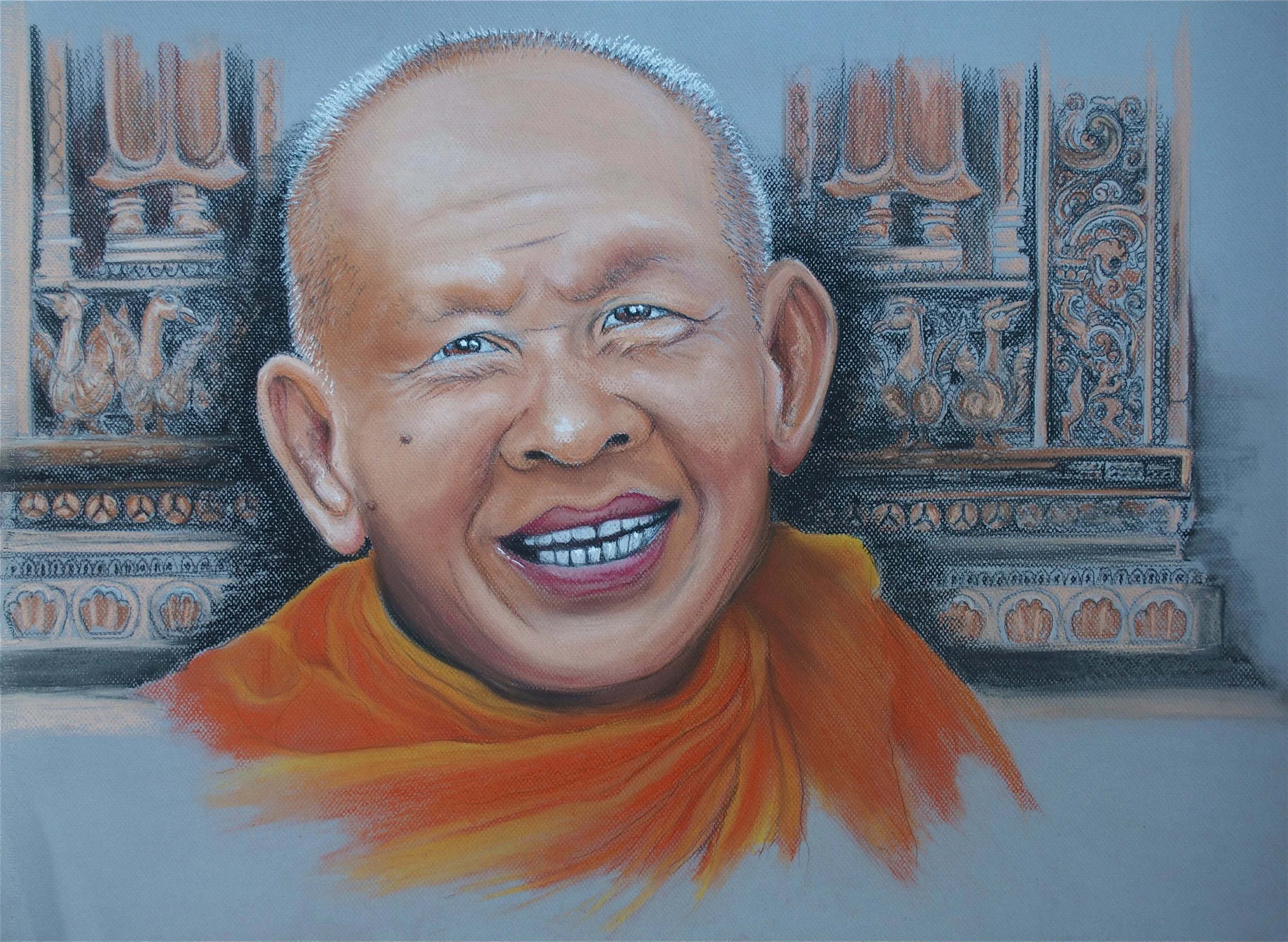 A detailed painting of an elderly Asian man with a bright smile, wearing an orange garment, standing in front of ornate carved wooden furniture with traditional decorative patterns.