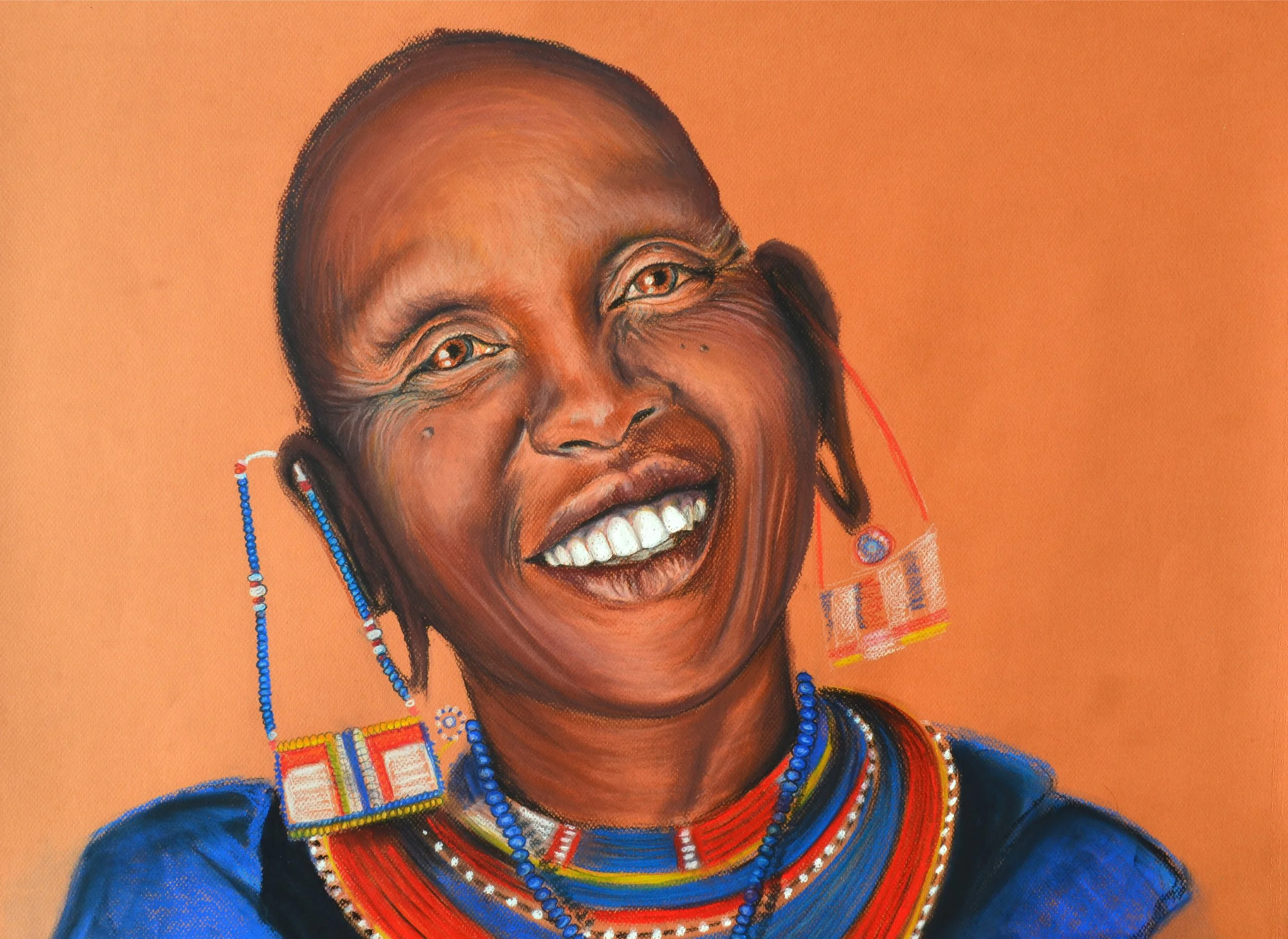 A vibrant portrait of an Elderly woman with traditional Maasai jewelry, including beaded earrings and necklaces, and dressed in blue attire against an orange background.