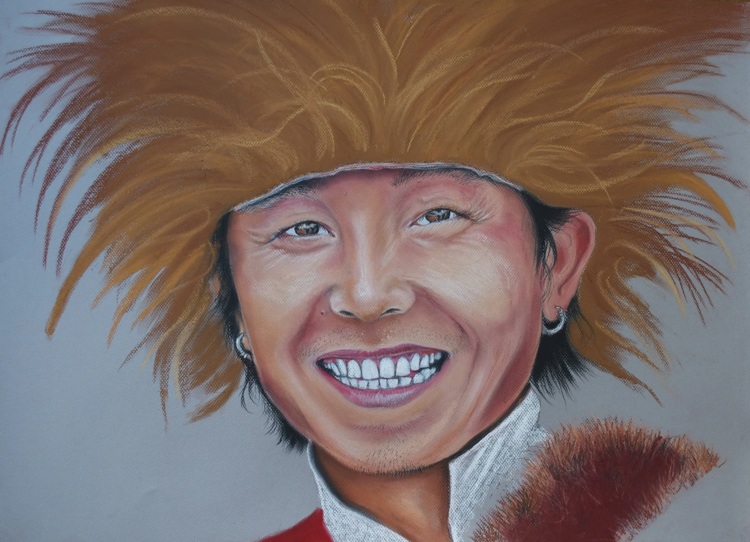 A colorful portrait of a smiling person with short black hair, wearing a large, fluffy, orange-blonde hat, earrings, and a red outfit.