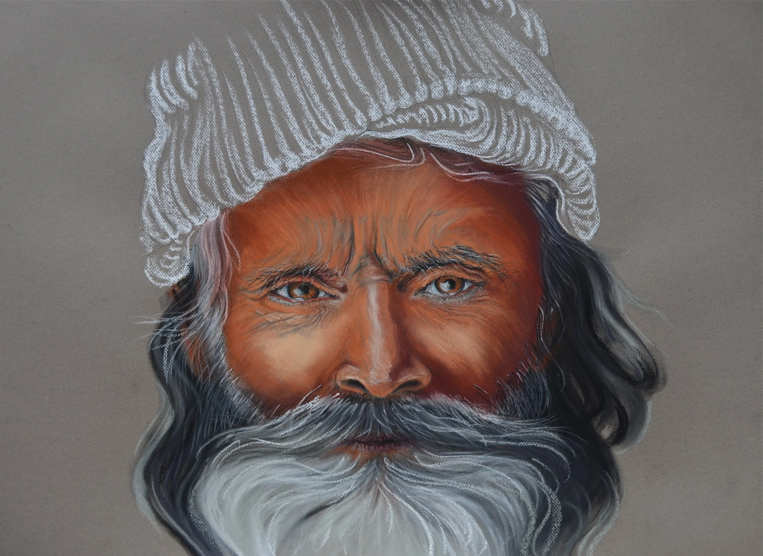 Painting of a man with a white beard and mustache, wearing a white beanie hat. His face has a reddish-brown skin tone with detailed features and piercing eyes.