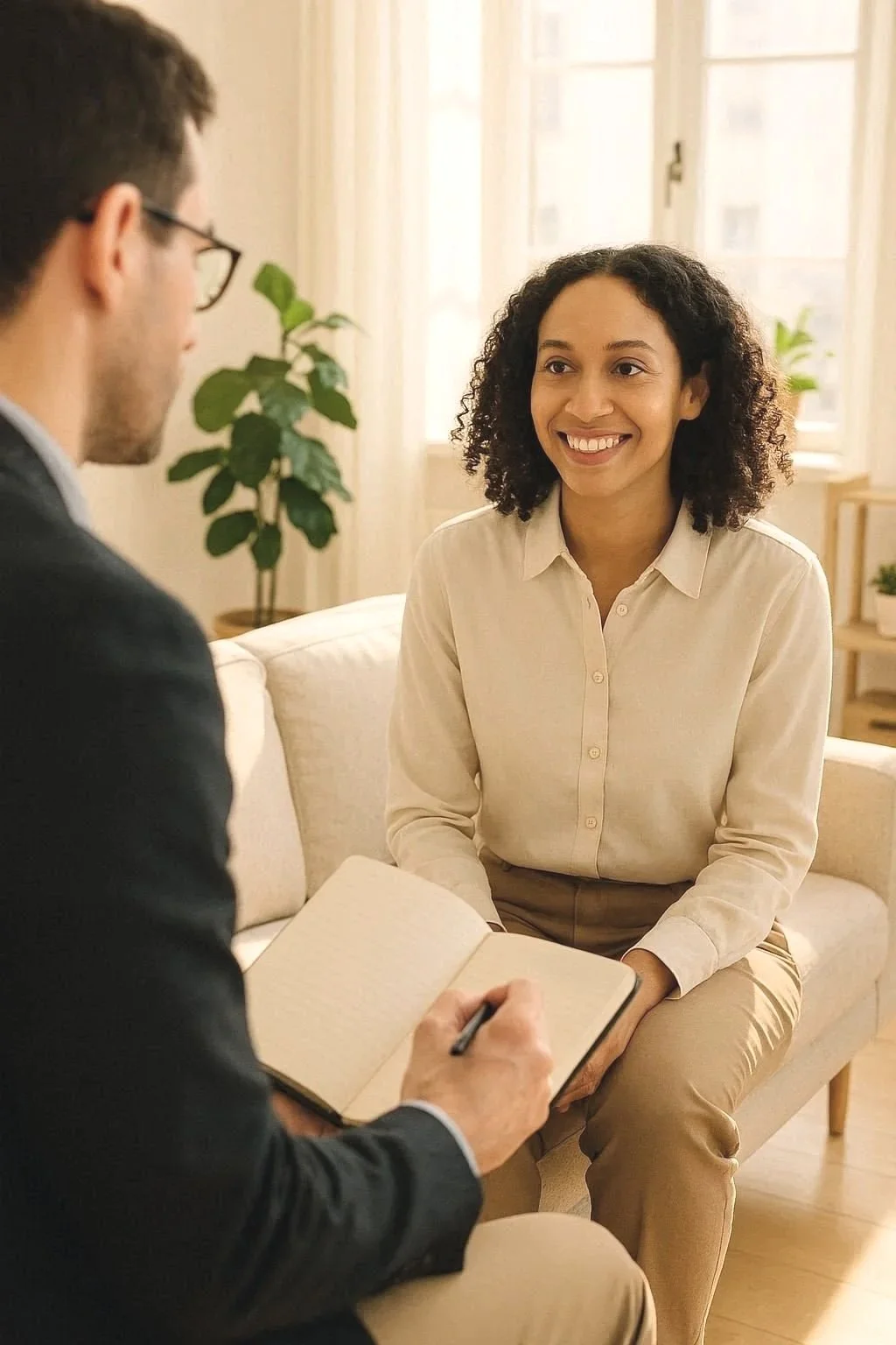 Entretien en face à face d'une utilisatrice menée par un professionnel prenant des notes dans son carnet.