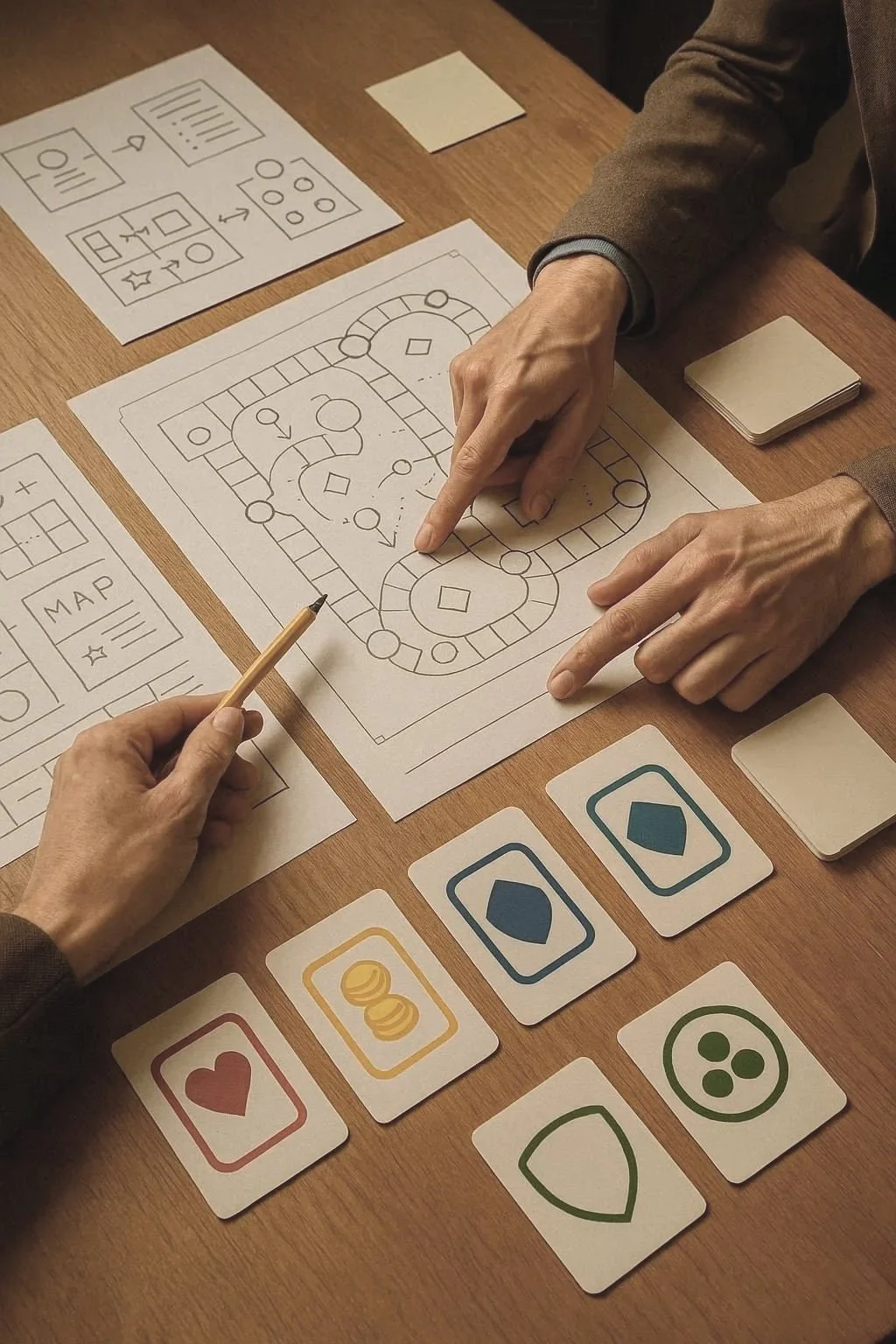 Table de travail avec deux personnes qui travaillent à la conception d'un jeu de plateau et de cartes.