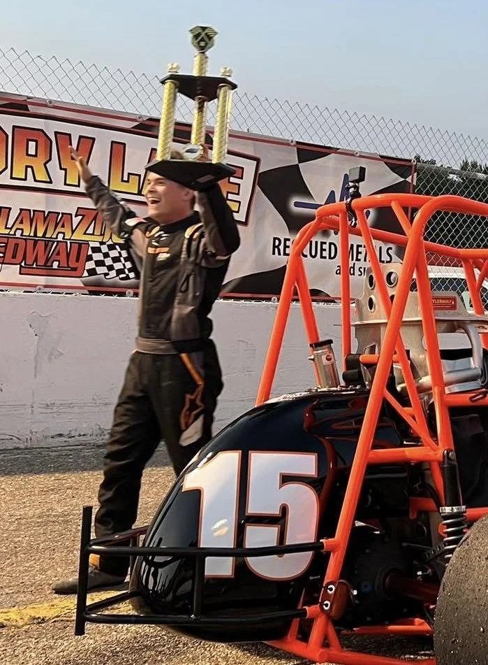 Landon Brown Racing in victory lane at Kalamazoo Speedway in the USSA Kenyon Midget Series