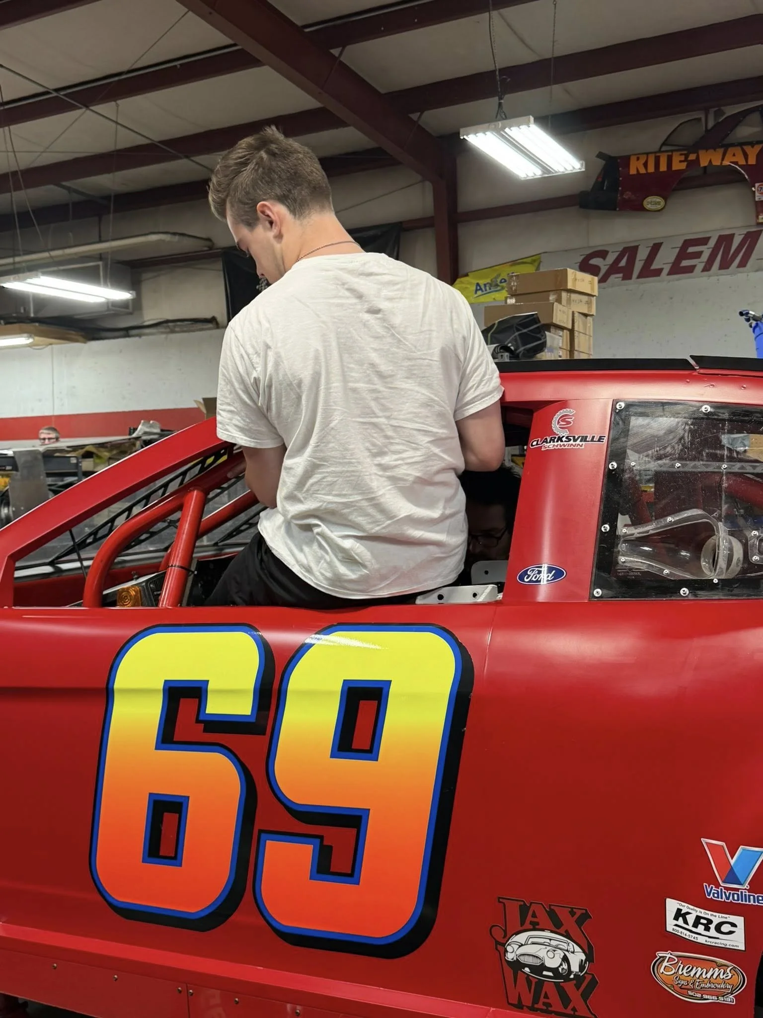 Landon Brown Racing getting seat fitment in the ARCA Menards Mustang at Kimmel Racing