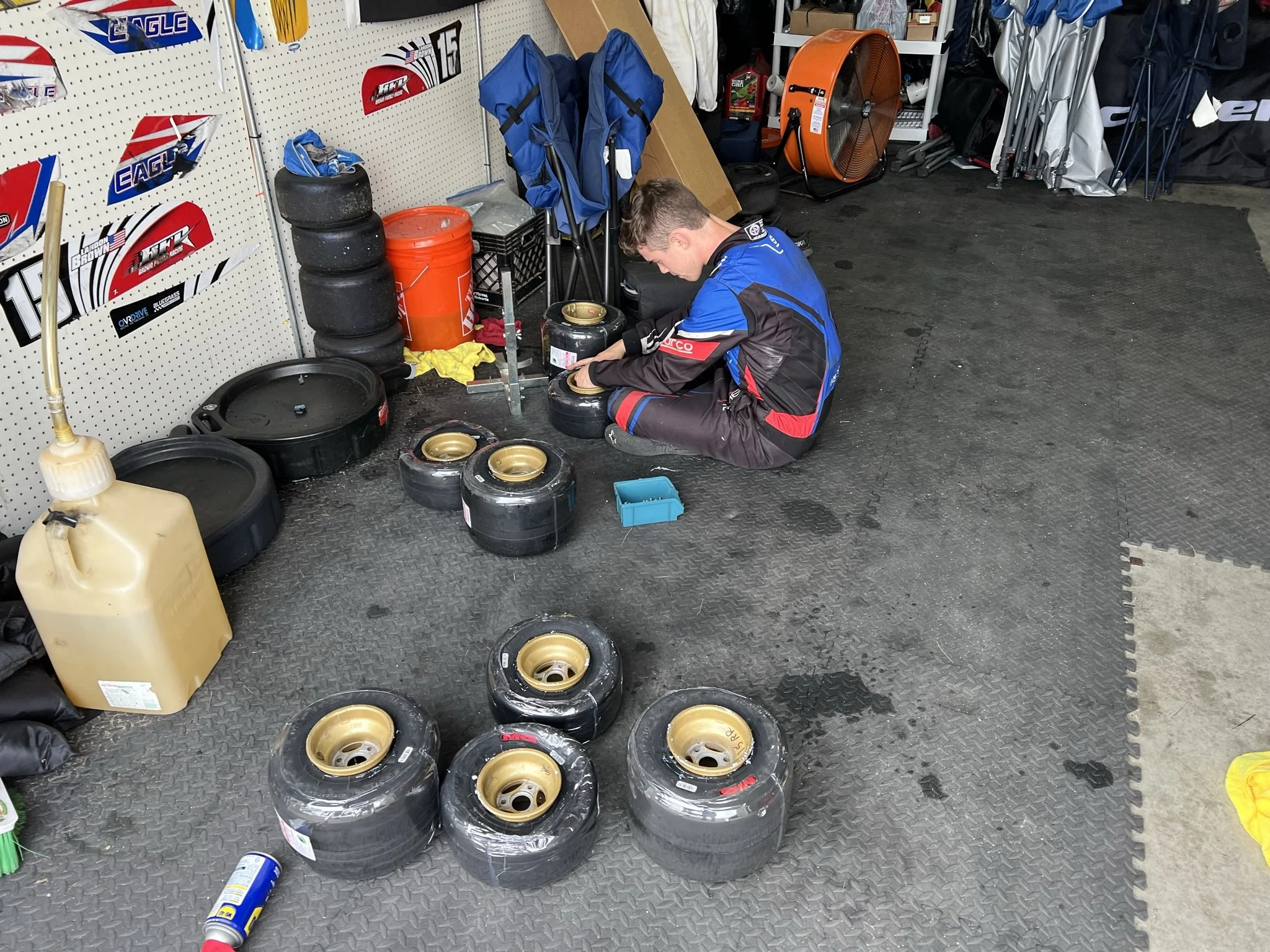Landon Brown Racing installing kart tires for another kart race at New Castle Motorsports Park