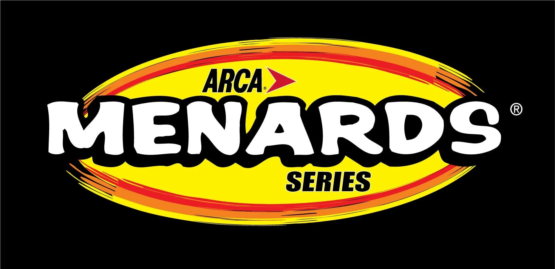 Colorful logo for ARCA Menards Series featuring bold black and white text with yellow and red accents on a black background.