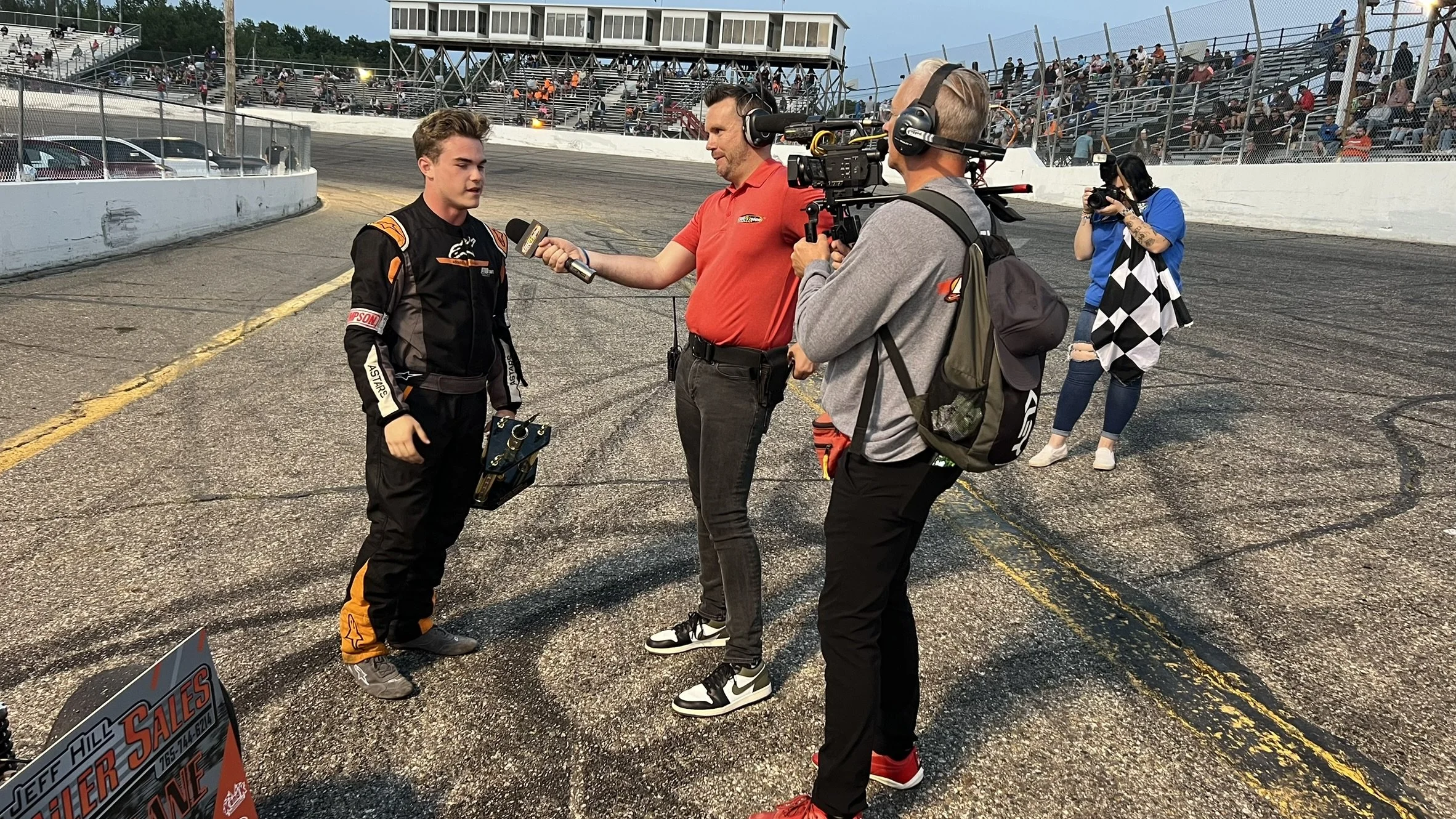 Landon Brown Racing interviewed in victory lane at Kalamazoo Speedway after win in the USSA Kenyon Midget Series.