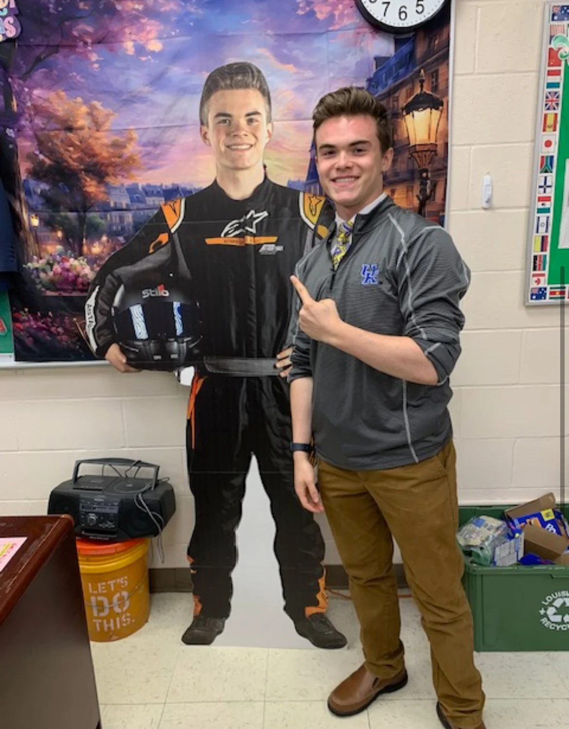 Landon Brown Racing cardboard cutout in his Alpinestars racing suit in his former classroom Mr Wilson's class Trinity High School Louisville Kentucky