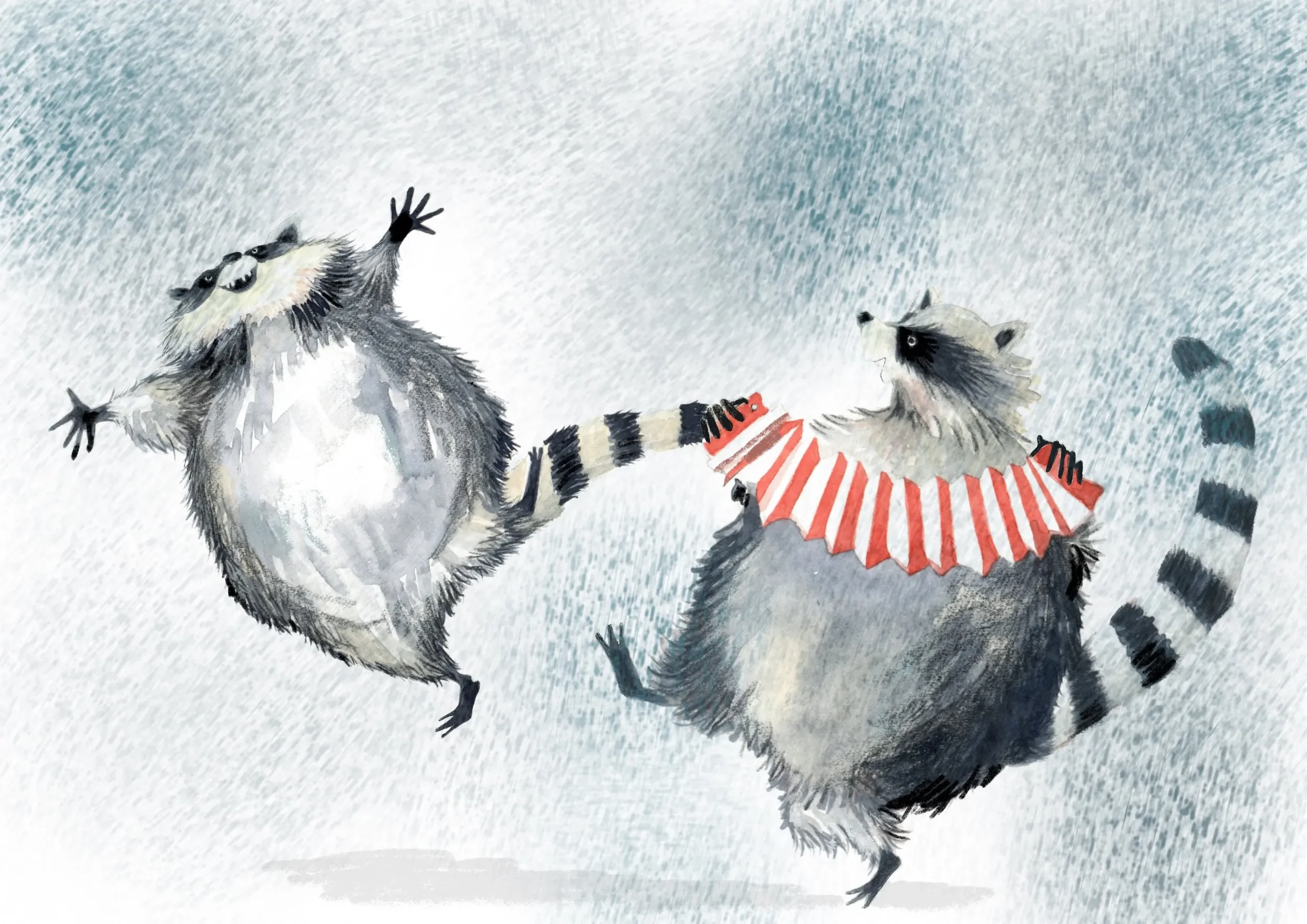 Two raccoons are standing on their hind legs, holding hands, with one raccoon wearing a red and white striped collar, set against a light, textured background.