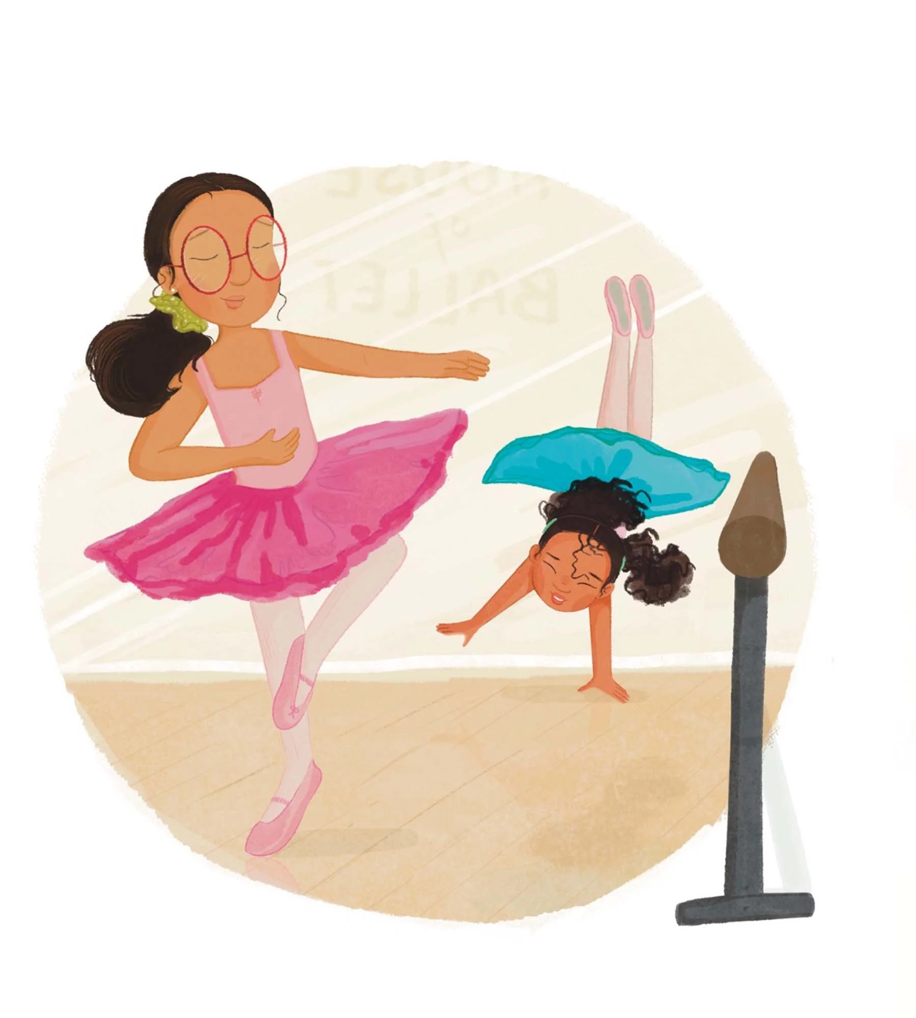 Two young girls dancing ballet in a studio, one in a pink tutu and glasses, the other on all fours in a blue tutu.