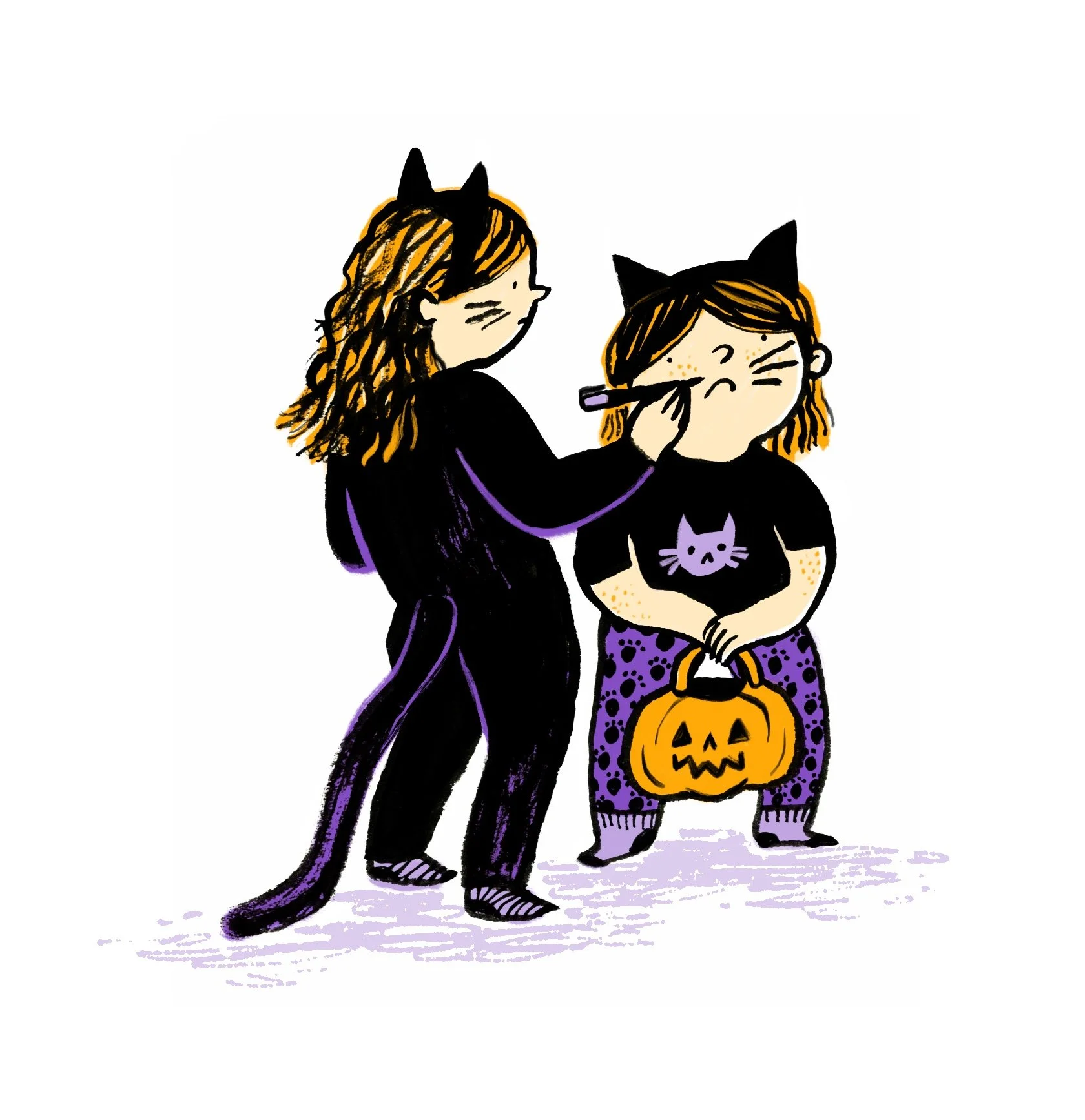 Child in Halloween costume with black cat shirt holding a pumpkin-shaped trick-or-treat bag, while adult in black cat costume paints face.