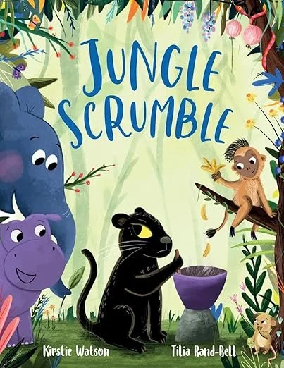 Cover of a children's book titled 'Jungle Scrumble' featuring cartoon animals in a jungle setting: a blue elephant, purple hippopotamus, black panther, a monkey, and a small mouse, surrounded by green foliage and colorful flowers.