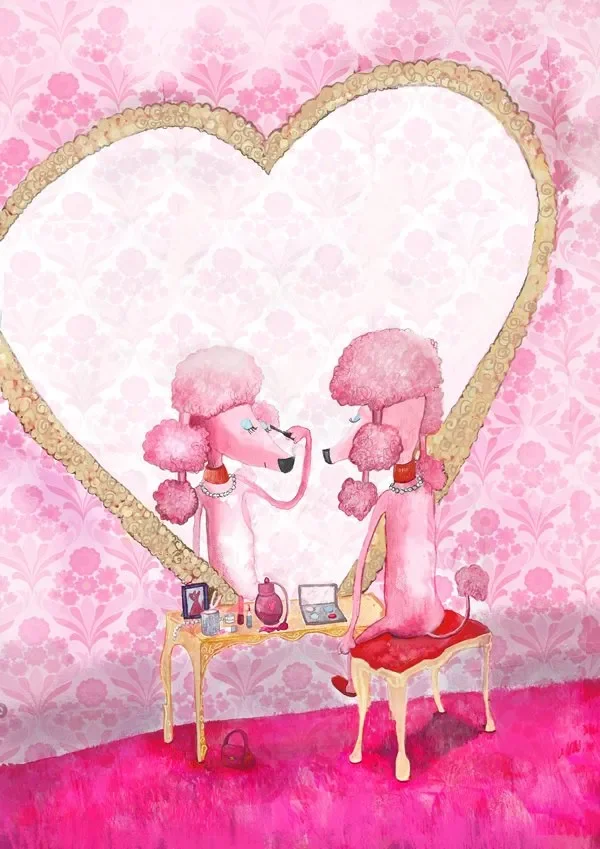 Two pink poodle characters with fluffy poodle hair, sitting in front of a heart-shaped mirror, applying makeup at a vanity table decorated with beauty products, in a room with pink floral wallpaper.