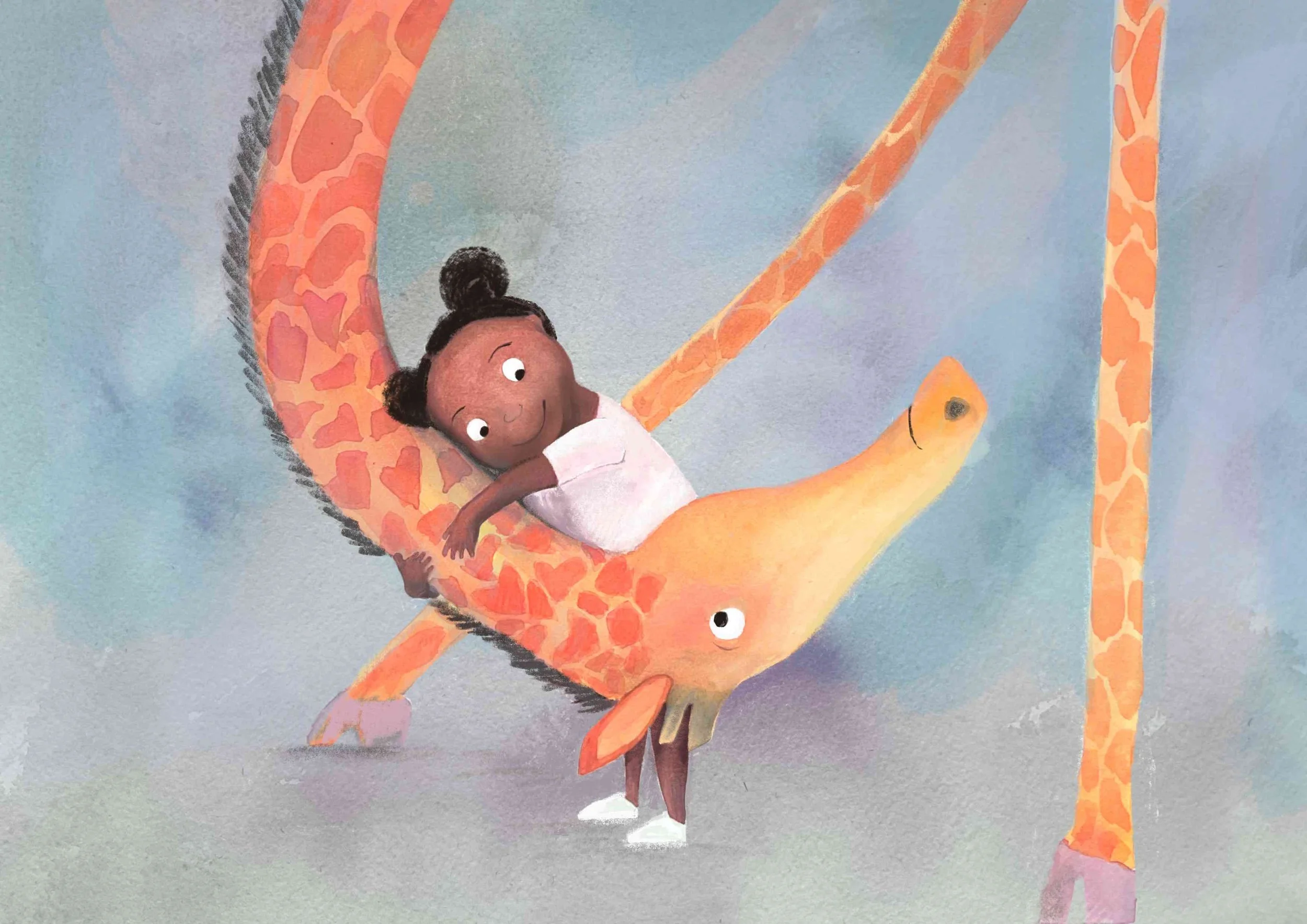 A young girl with dark skin and black hair in puffs lying on a friendly-looking pink and orange giraffe with a long neck. The girl is relaxed and smiling while resting on the giraffe's back.