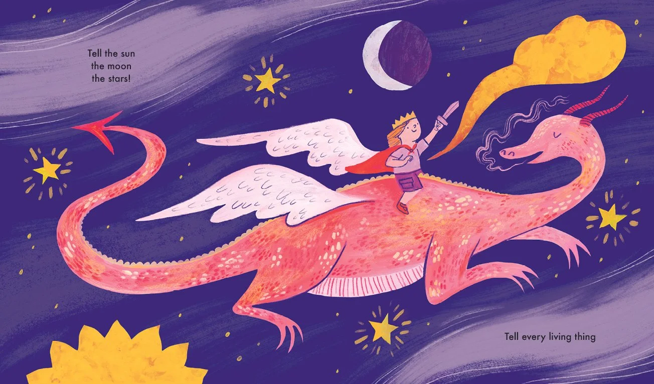 A colorful illustration of a girl riding a pink, winged dragon through a starry night sky with a crescent moon. The girl holds a sword and wears a crown, with a yellow cloud emanating from the dragon's head. The background features stars and a yellow