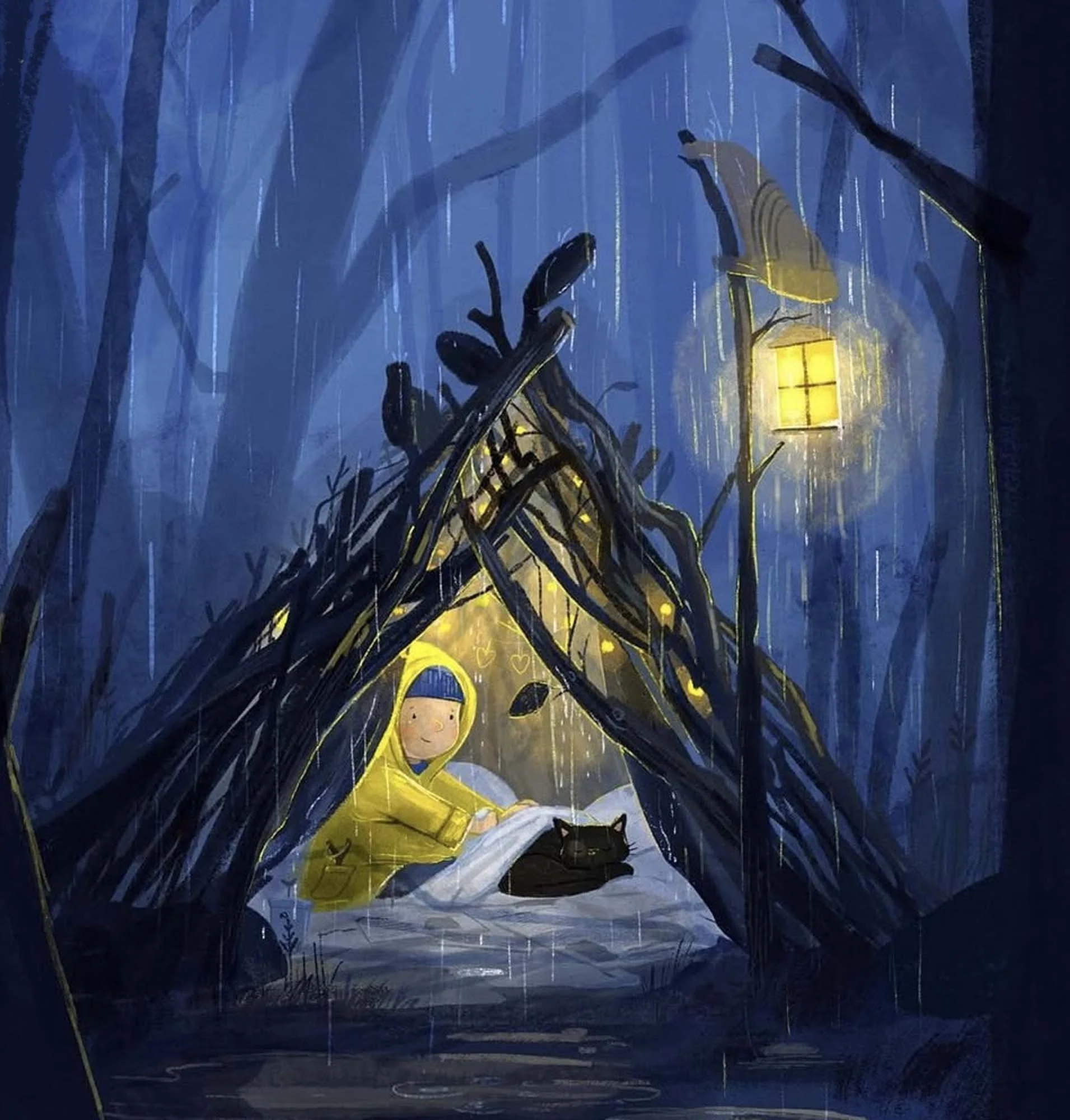 A girl in a yellow raincoat sitting inside a makeshift shelter made of branches, with a black cat beside her, in the rain at night, illuminated by a yellow wall-mounted lantern.