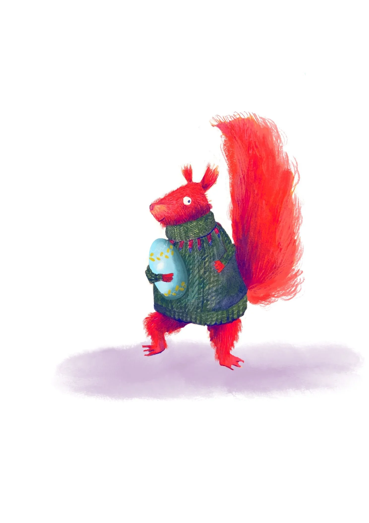 A red squirrel wearing a green sweater with a colorful Christmas light decoration, holding a painted blue Easter egg, standing on a white background.